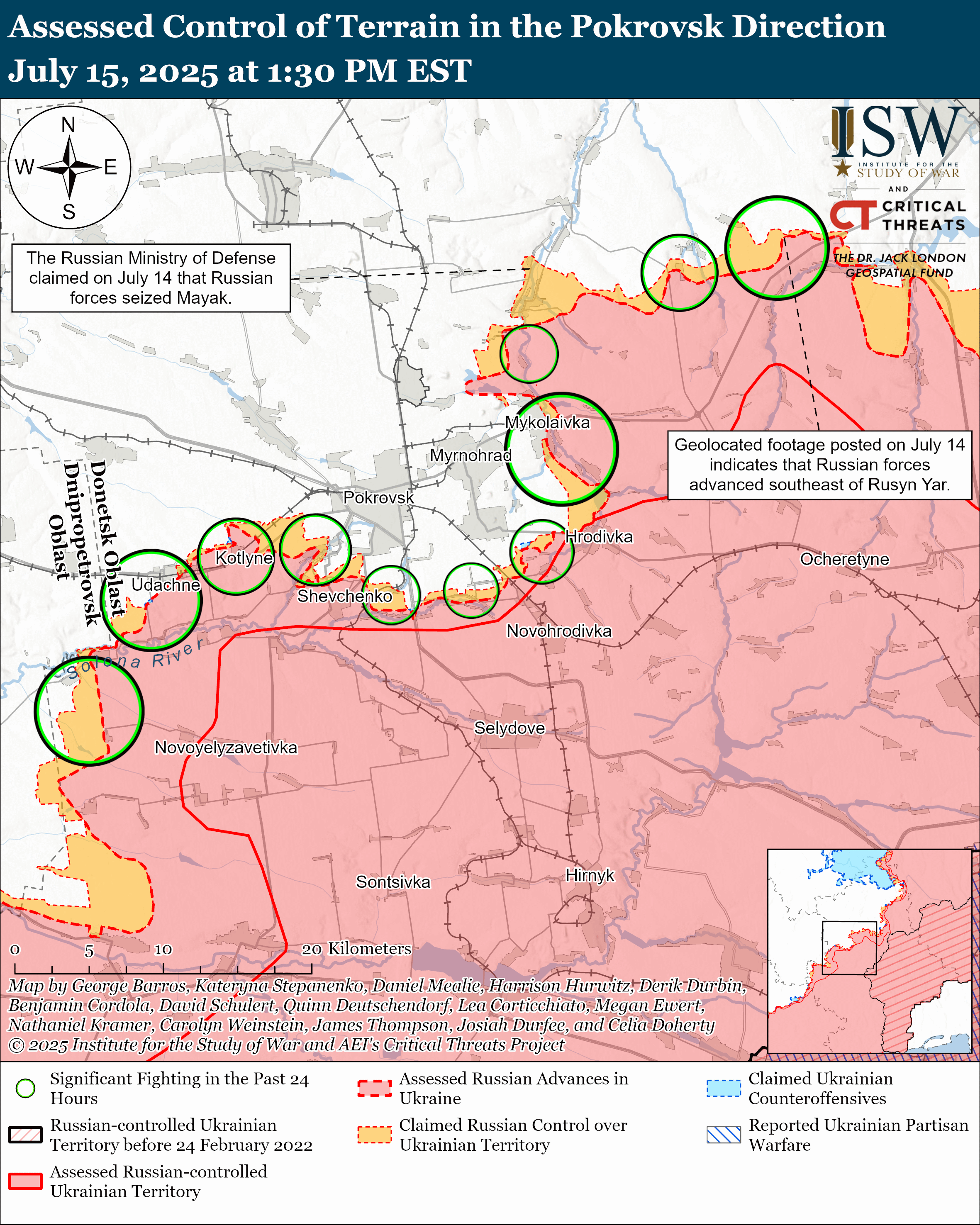 a map showing assessed control of terrain in the pokrovsk direction.