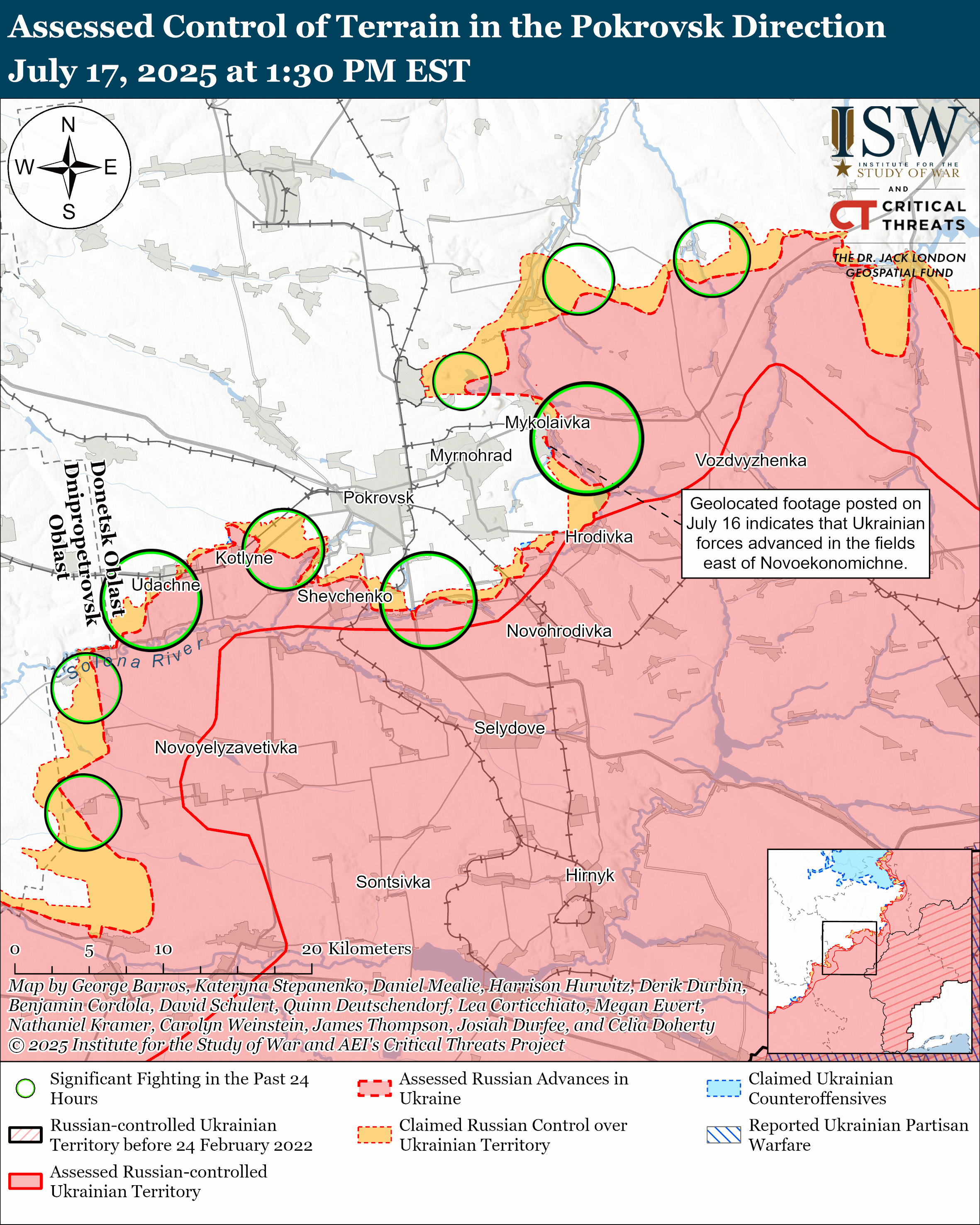 map showing assessed control of terrain in the pokrovsk direction with annotations on significant fighting, territorial control, and advances.