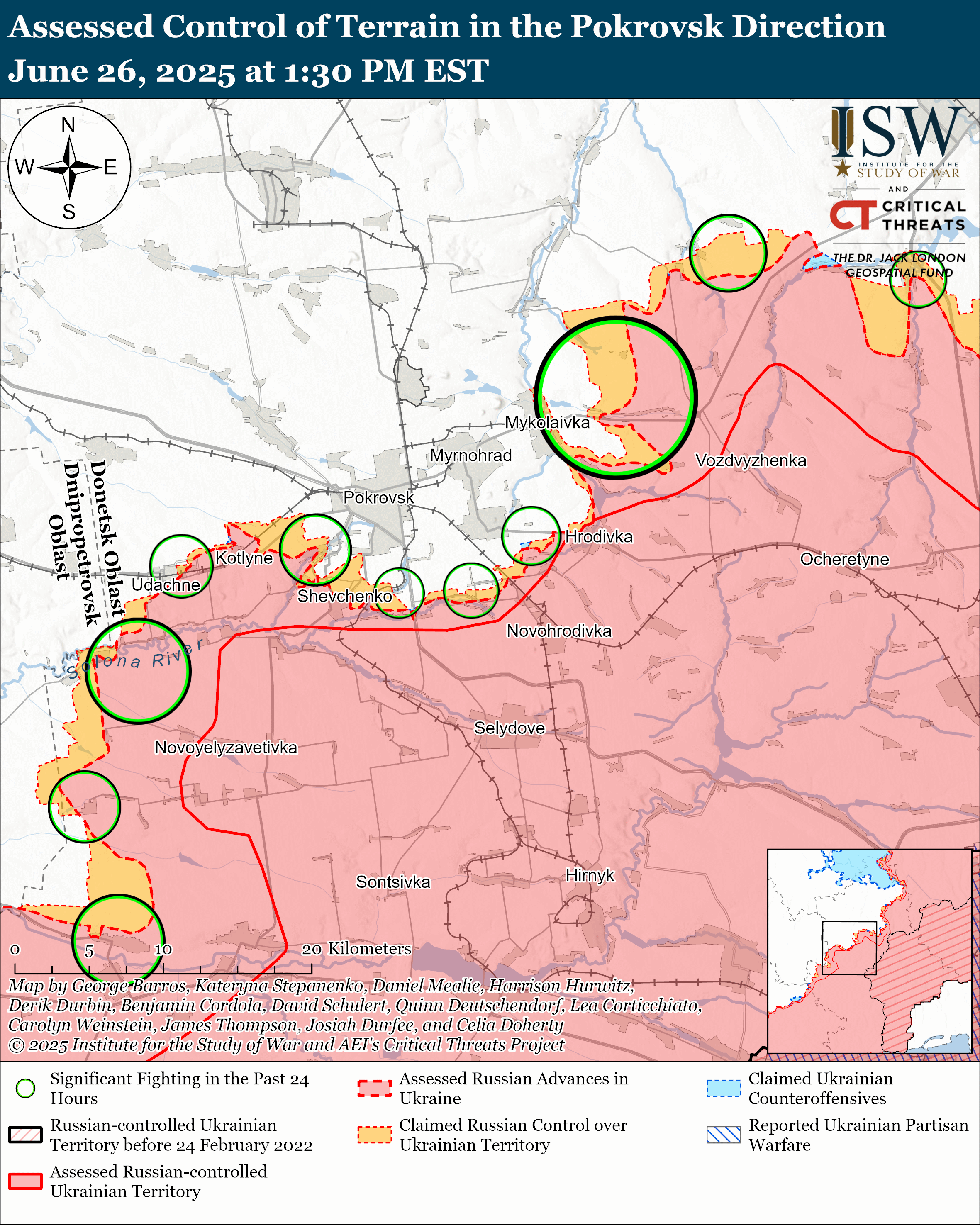 map showing assessed control of terrain in the pokrovsk direction, highlighting significant fighting, russian and ukrainian control and advances.