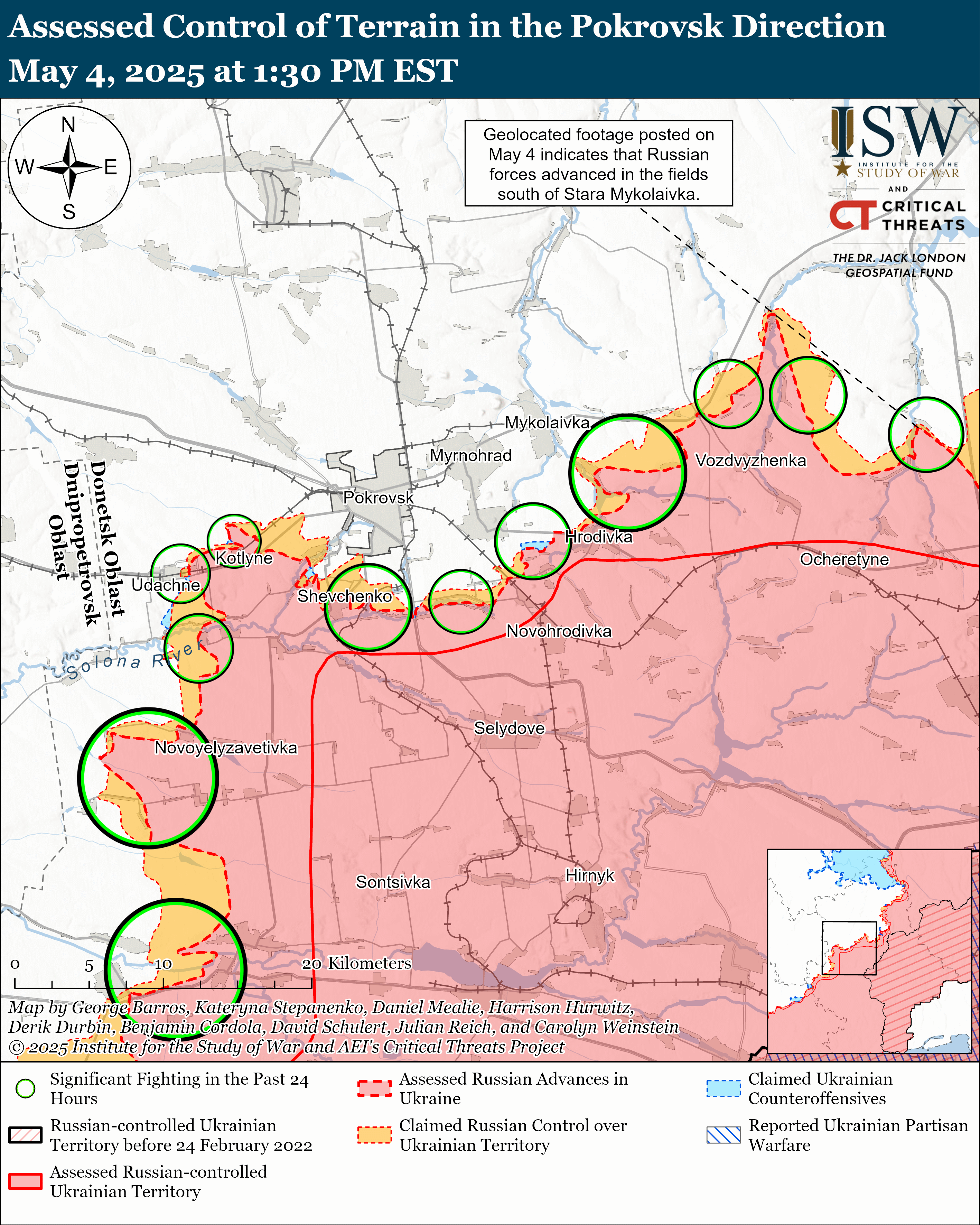 a map showing the assessed control of terrain in the pokrovsk direction with various territorial and military indicators.
