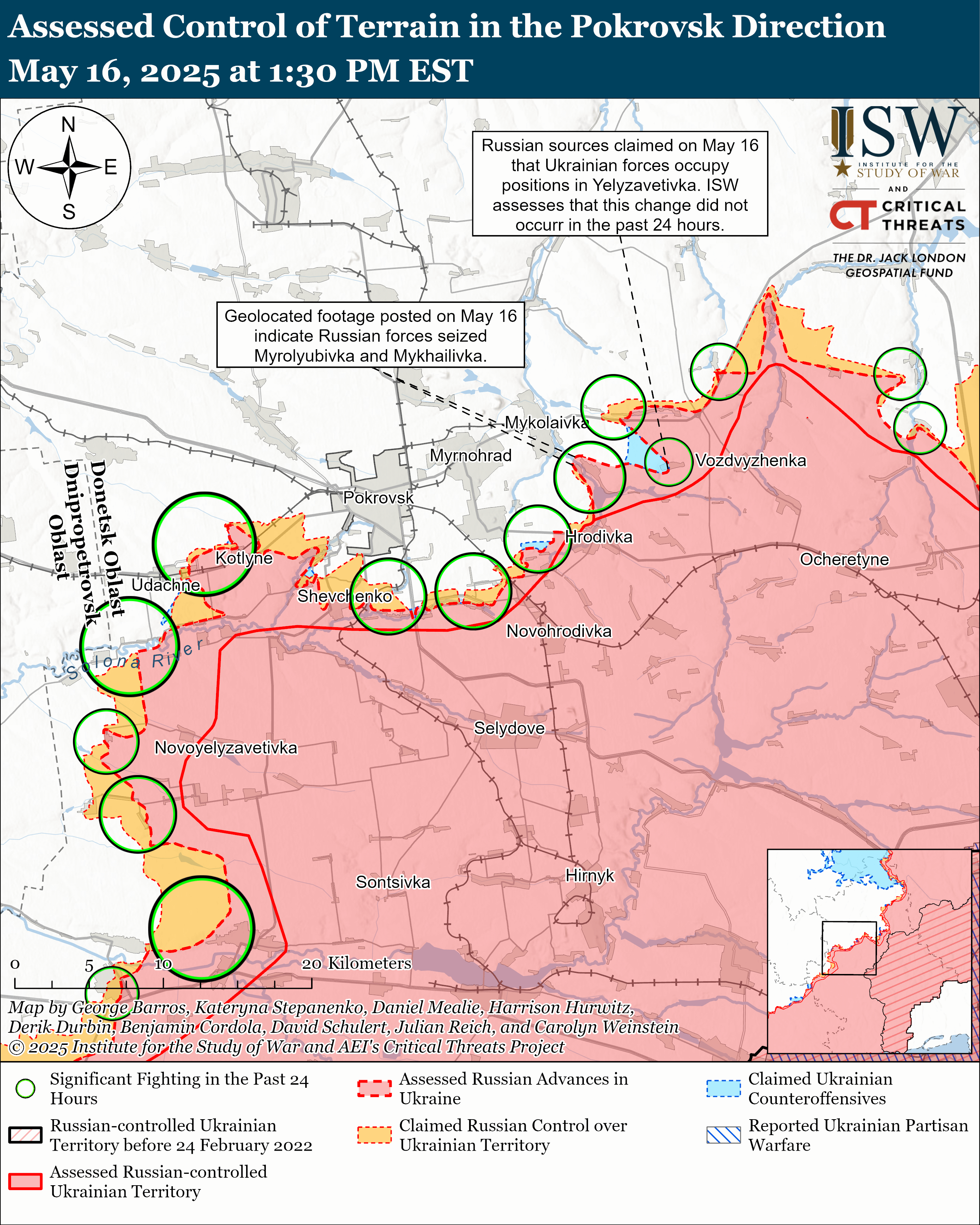 map showing assessed control of terrain and military positions in the pokrovsk direction as of may 16, 2025.