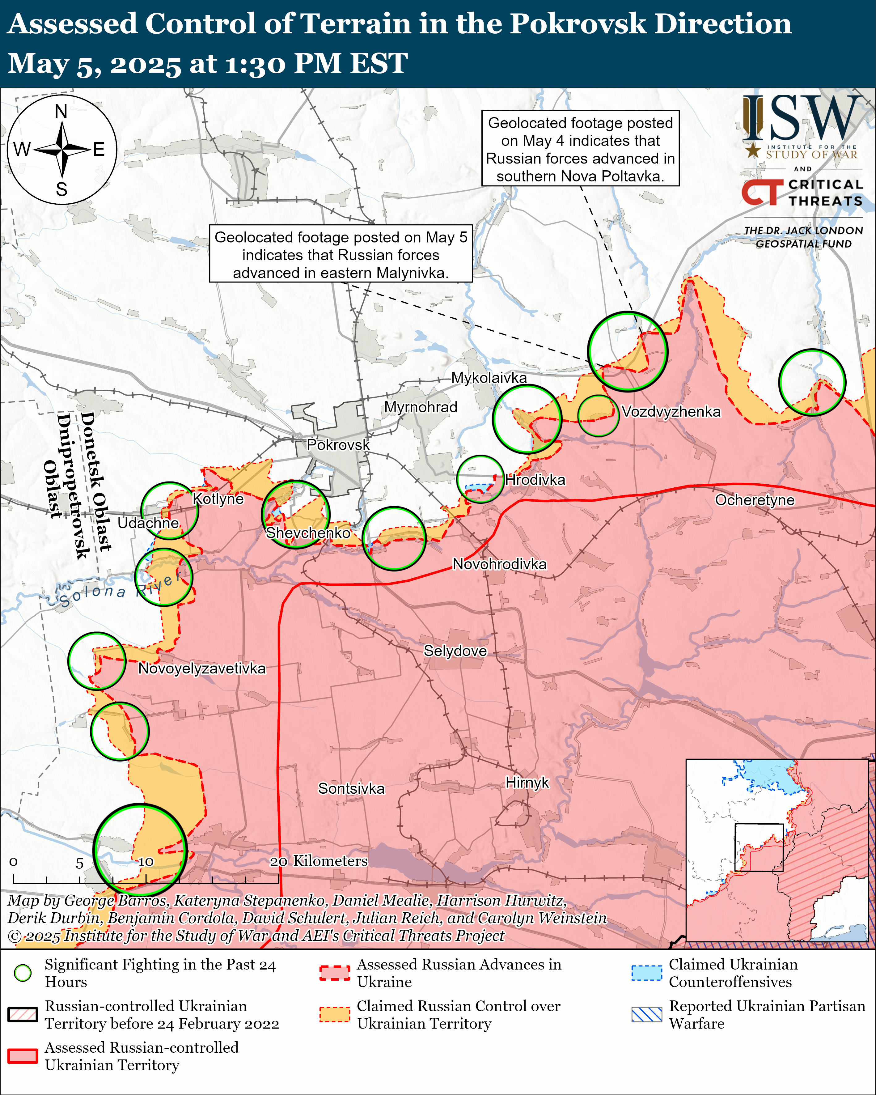 a map depicting the assessed control of terrain in the pokrovsk area, highlighting significant fighting, russian advances, and ukrainian counteroffensives.