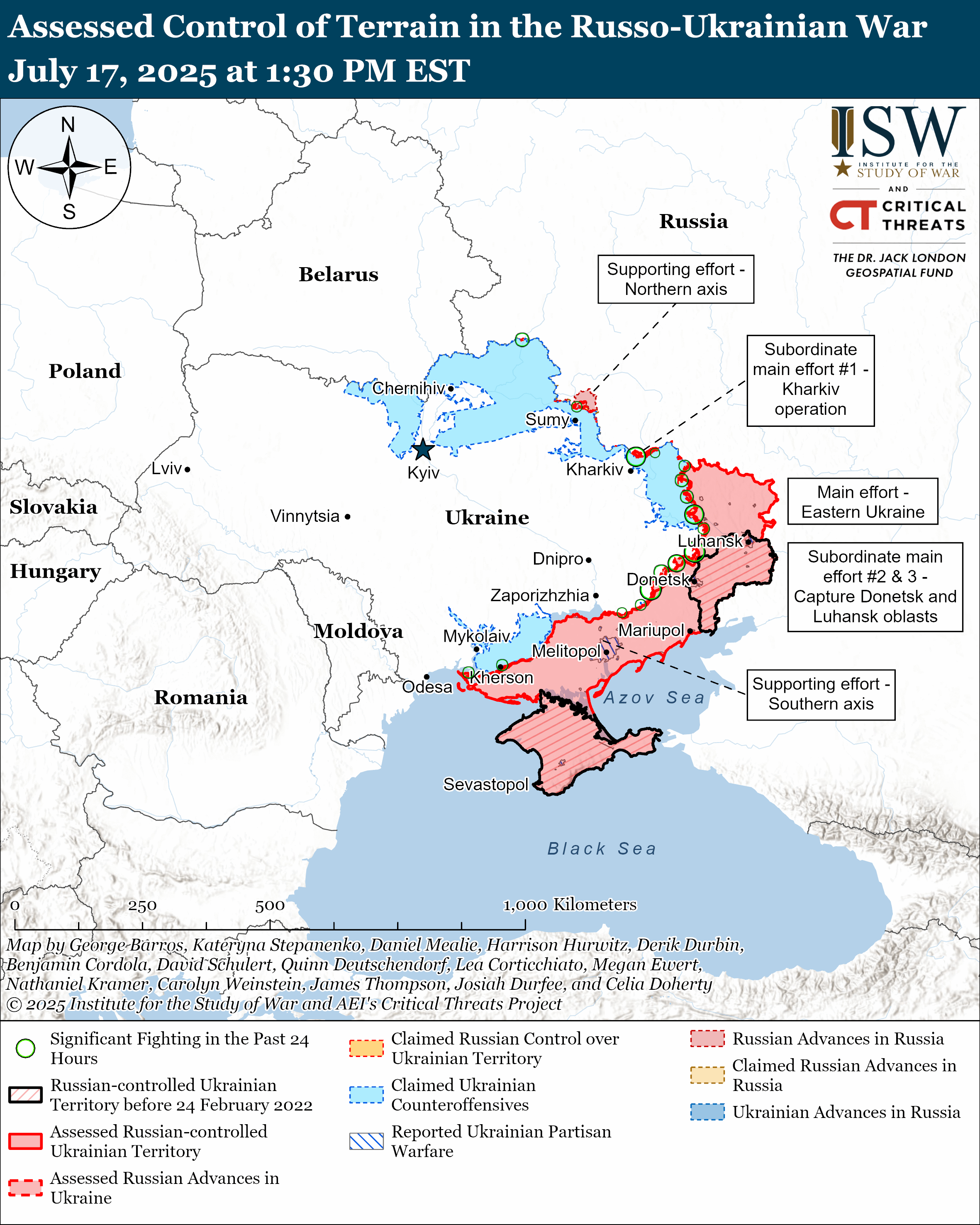 map showing assessed control in the russo-ukrainian war with territorial delineations and advancements as of july 17, 2025.