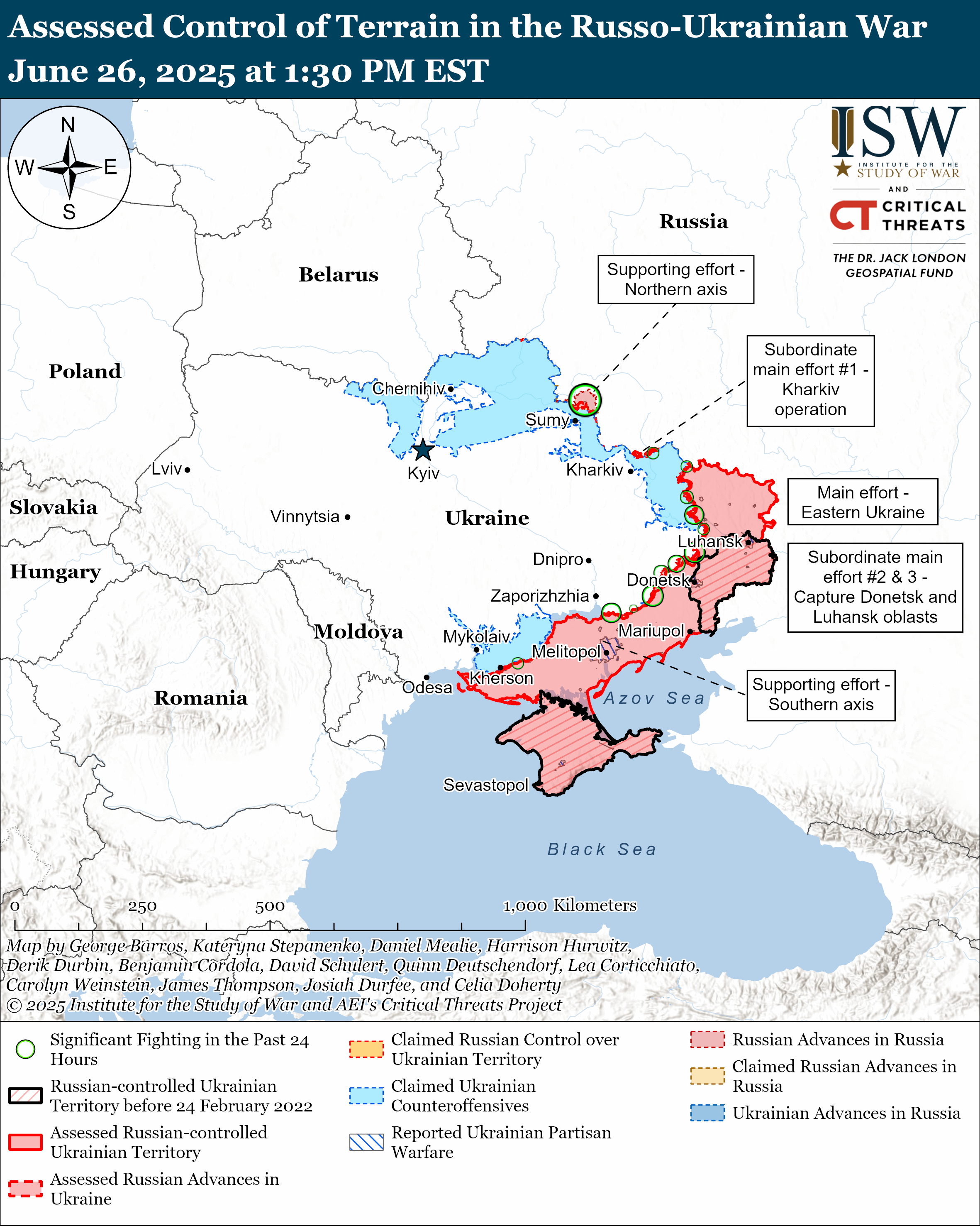 map showing assessed control of terrain in the russo-ukrainian war with various military operations marked.