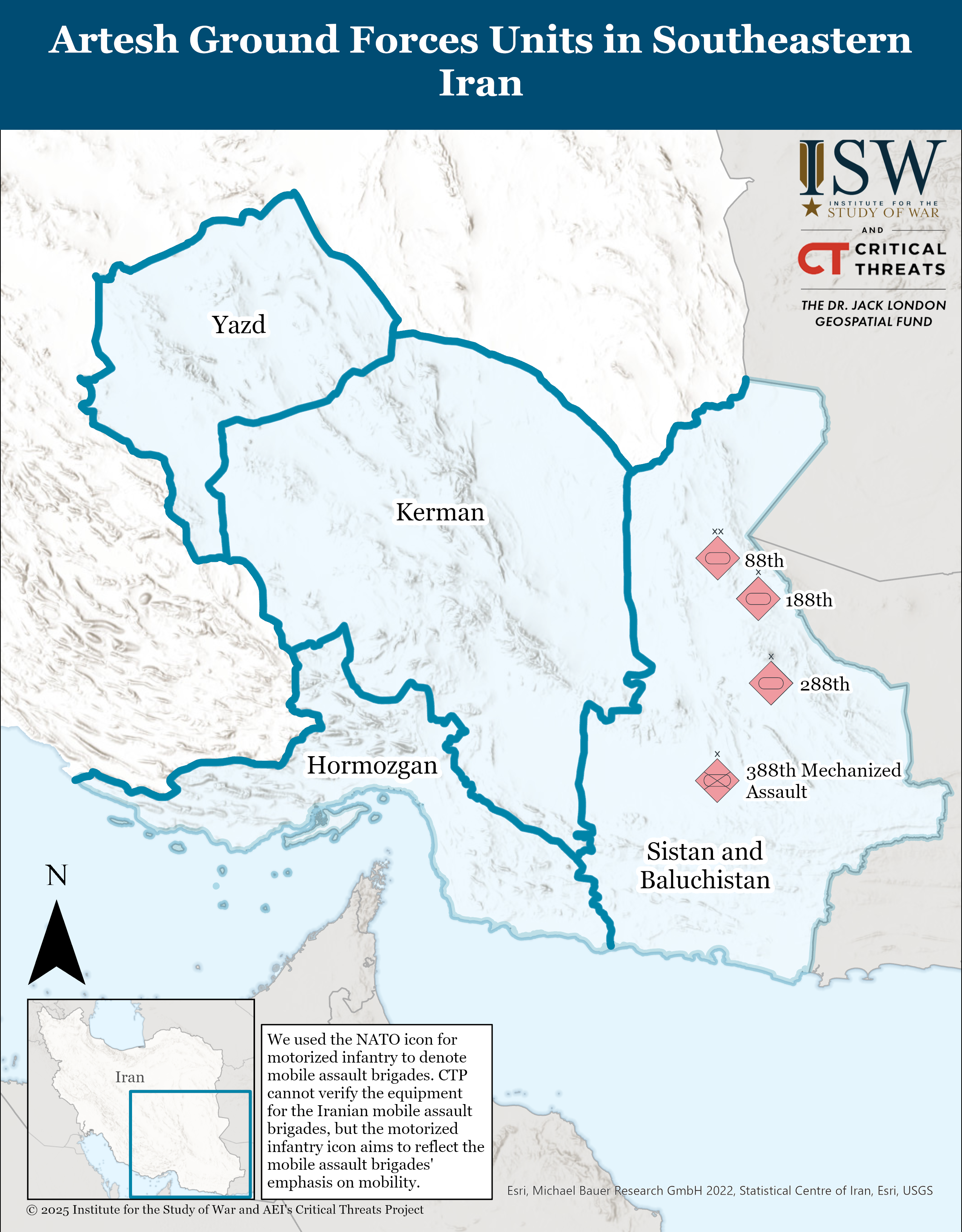 map depicting artesh ground forces units in southeastern iran, including locations such as yazd, kerman, hormozgan, and sistan and baluchistan.