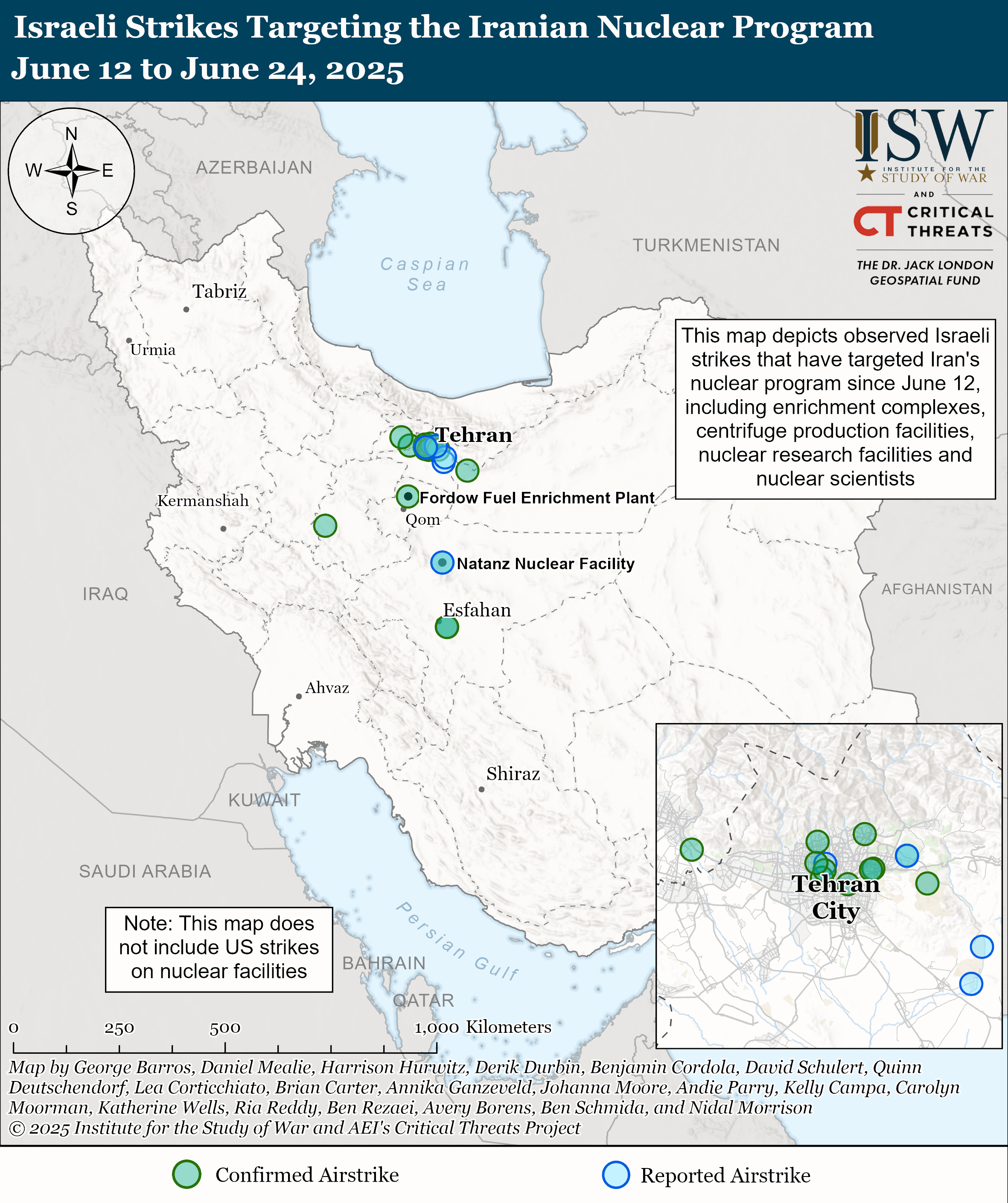 this map depicts observed israeli strikes on iran's nuclear program, including enrichment complexes, centrifuge production facilities, nuclear research facilities, and nuclear scientists.