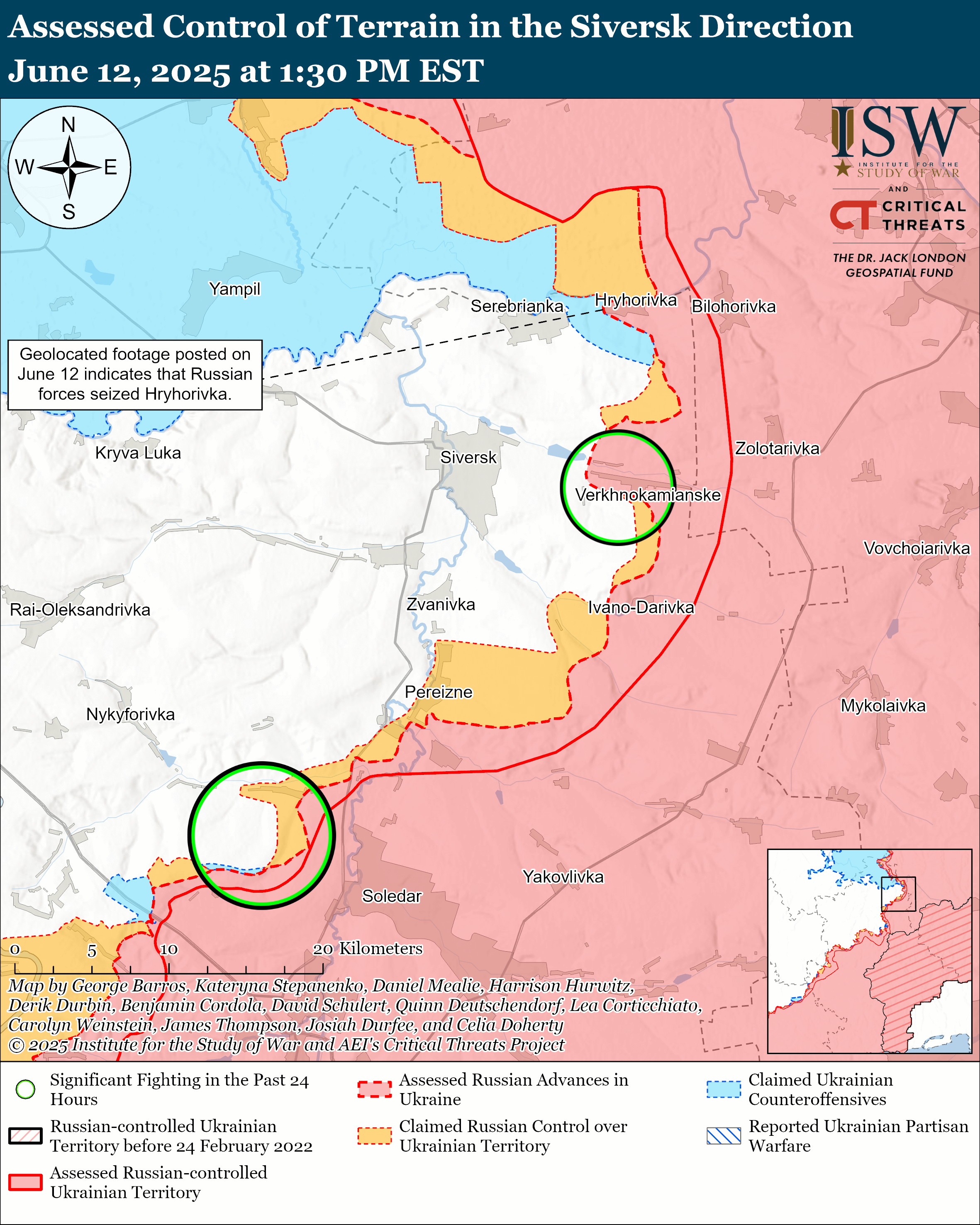 a map showing assessed control of terrain in the siversk direction with details on russian and ukrainian positions.
