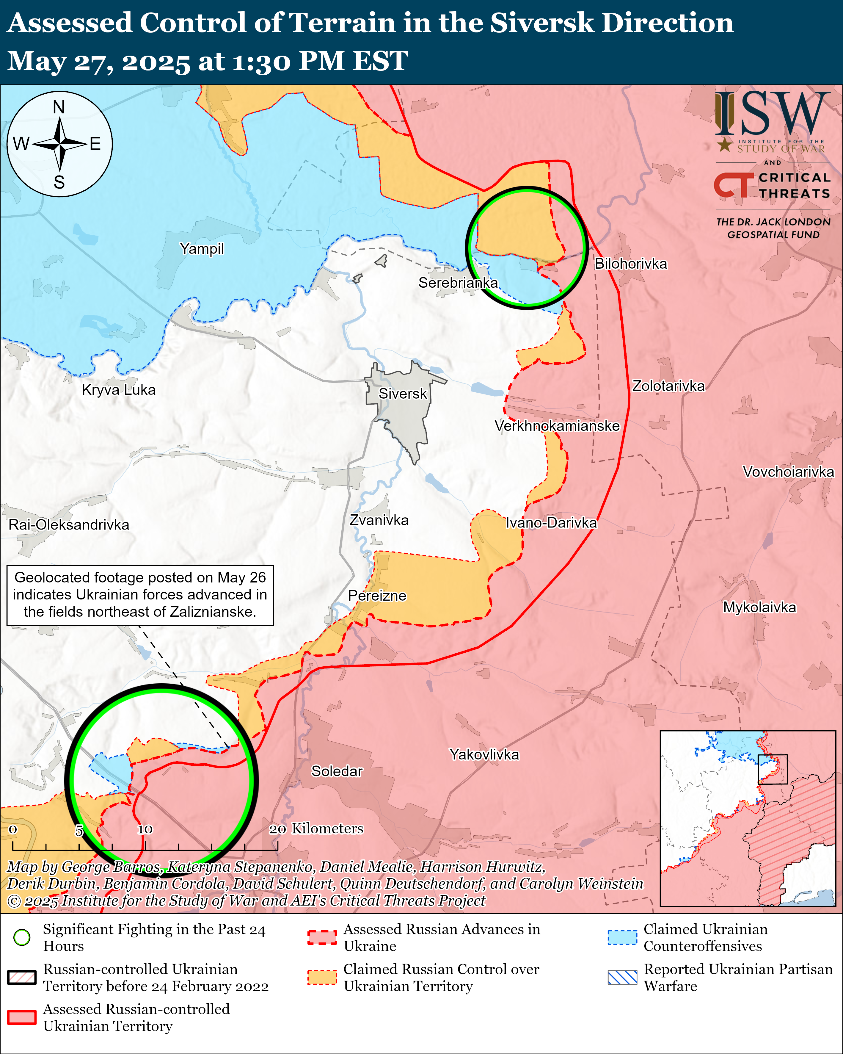 a map showing assessed control of terrain in the siversk direction with marked zones of control and recent activity.