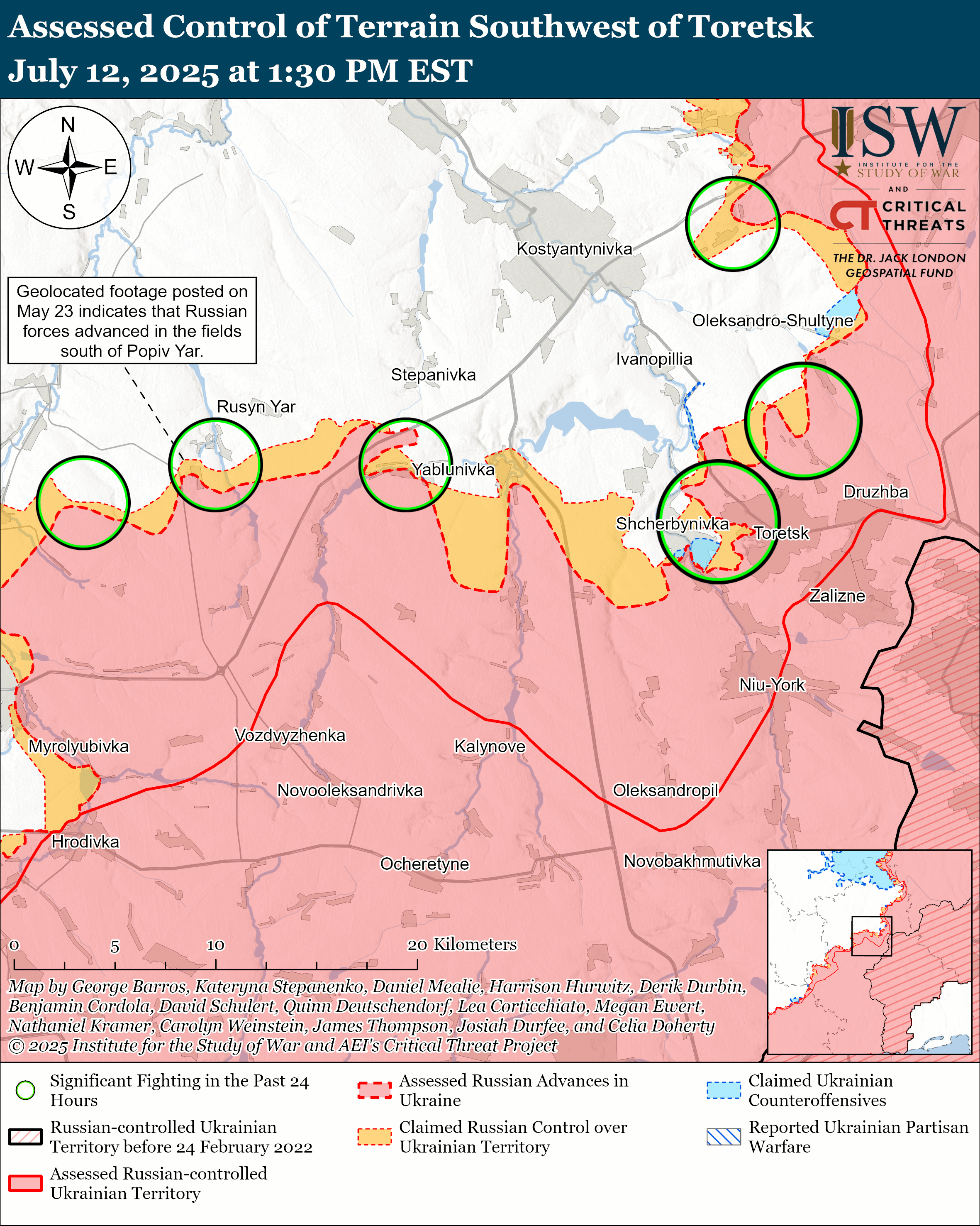 map showing assessed control of terrain southwest of toretsk with various control markers and military advancements.