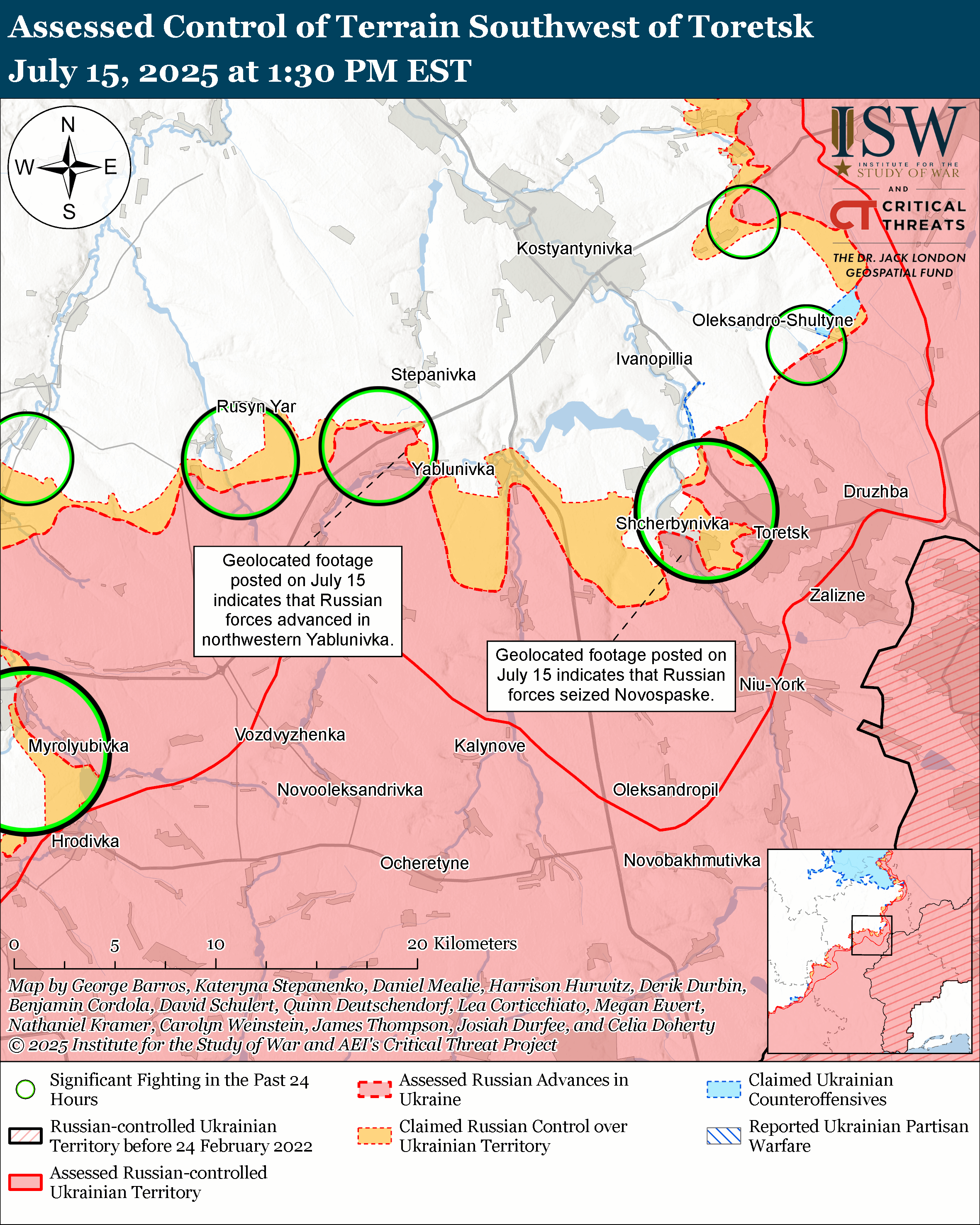 the map shows territorial control and military activities southwest of toretsk, with various zones marked for different levels of control and conflict.
