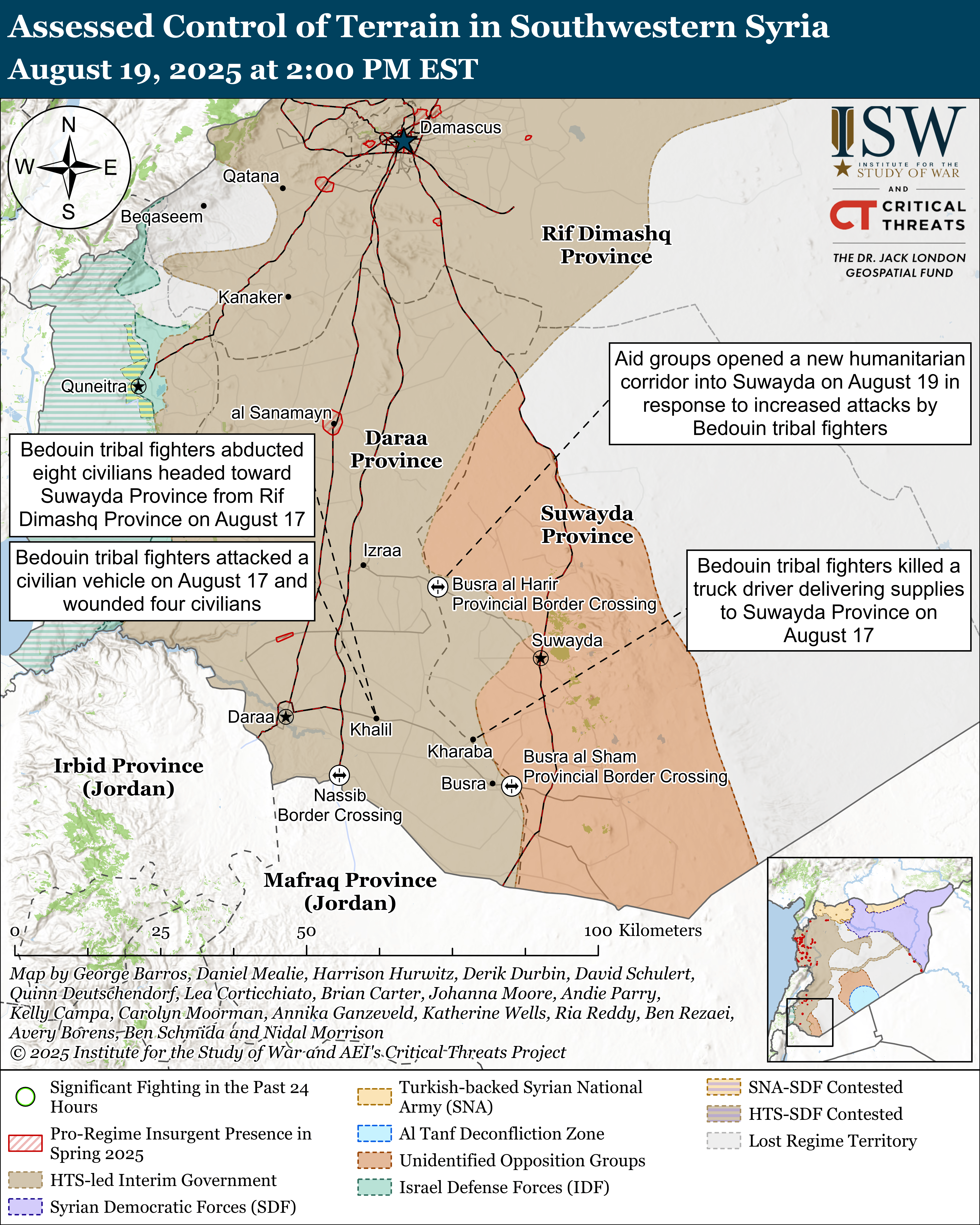 Assessed Control of Terrain in Southwestern Syria August 19, 2025 at 2:00 PM EST