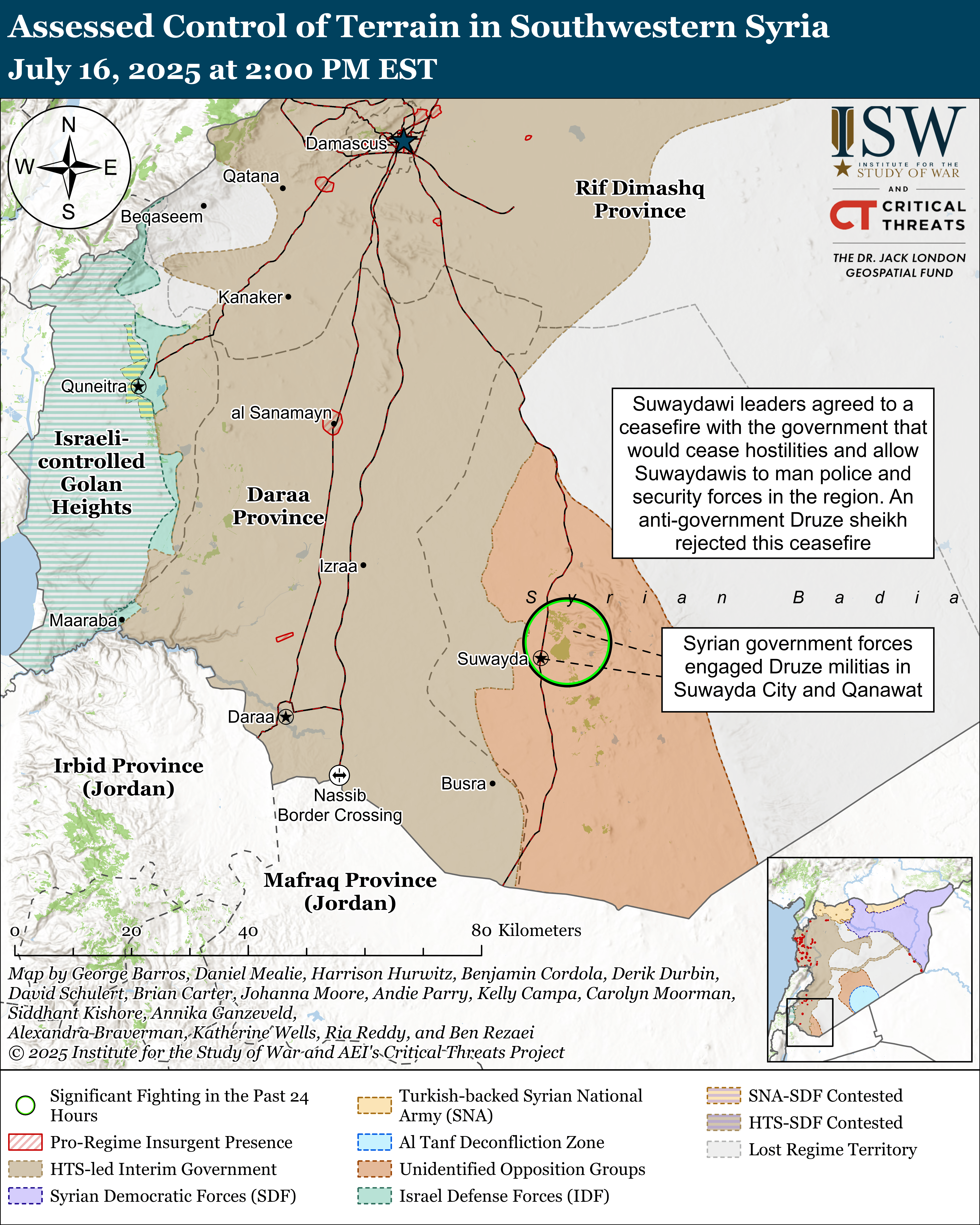 Assessed Control of Terrain in Southwestern Syria July 16, 2025 at 2:00 PM EST
