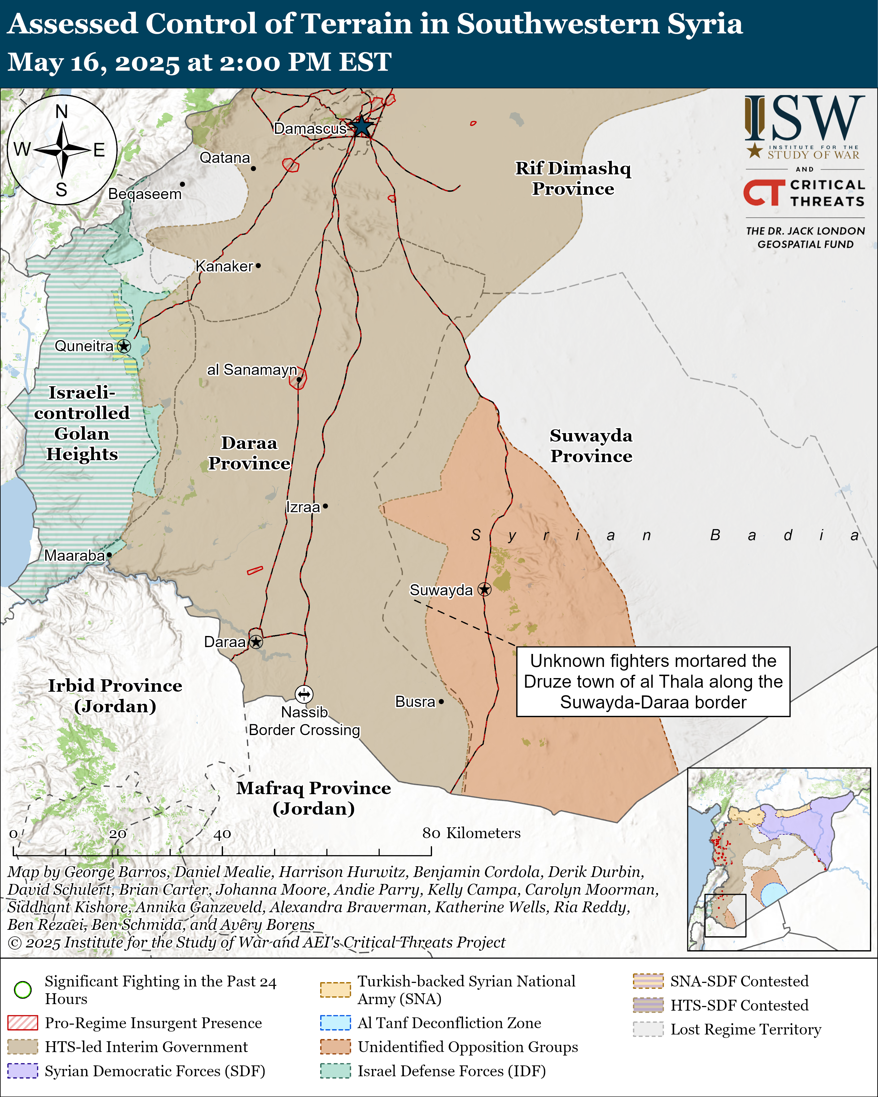 map showing control of terrain in southwestern syria, including significant fighting and presence of various groups.