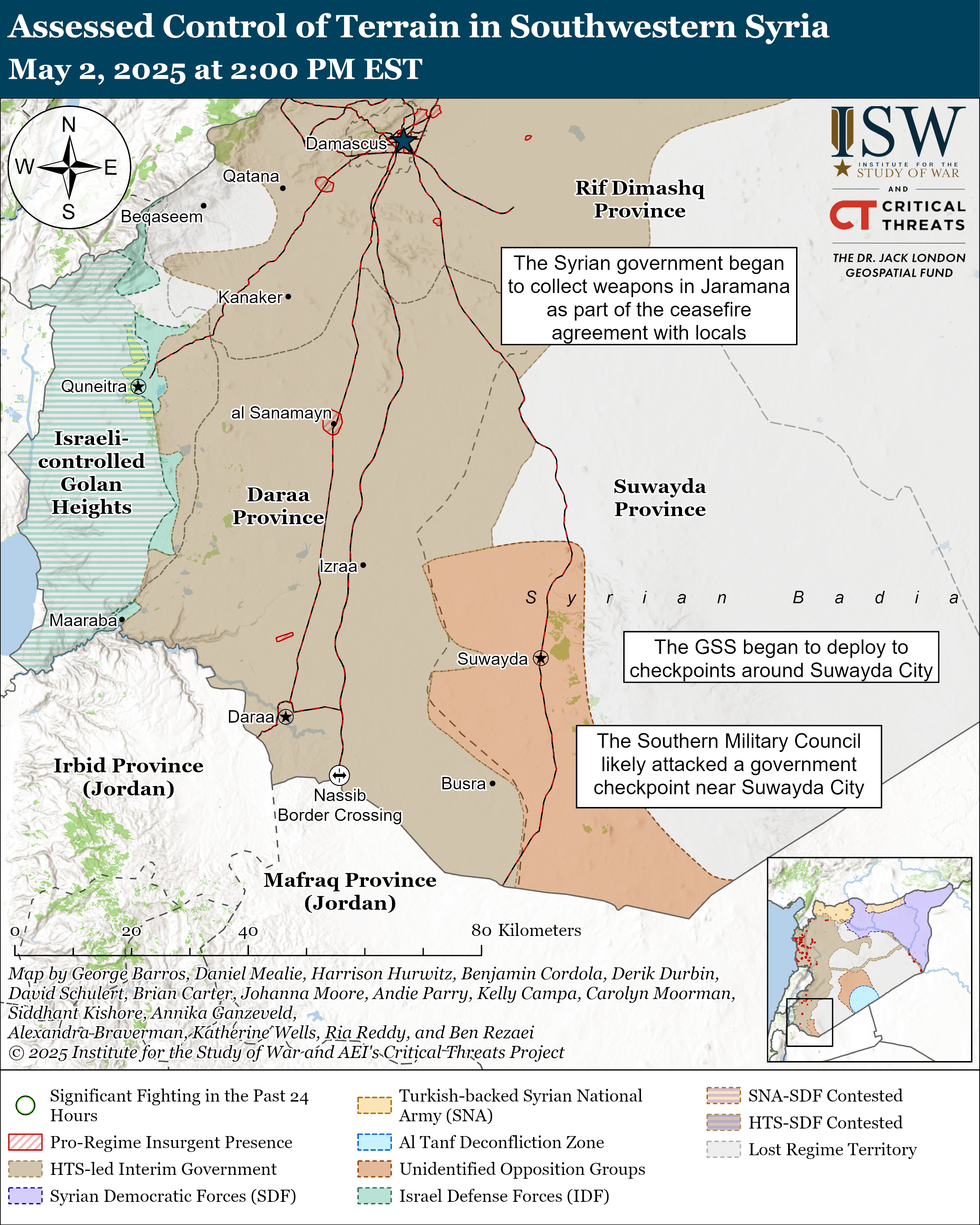 a map showing territorial control and significant conflict activity in southwestern syria, as of may 2, 2025.