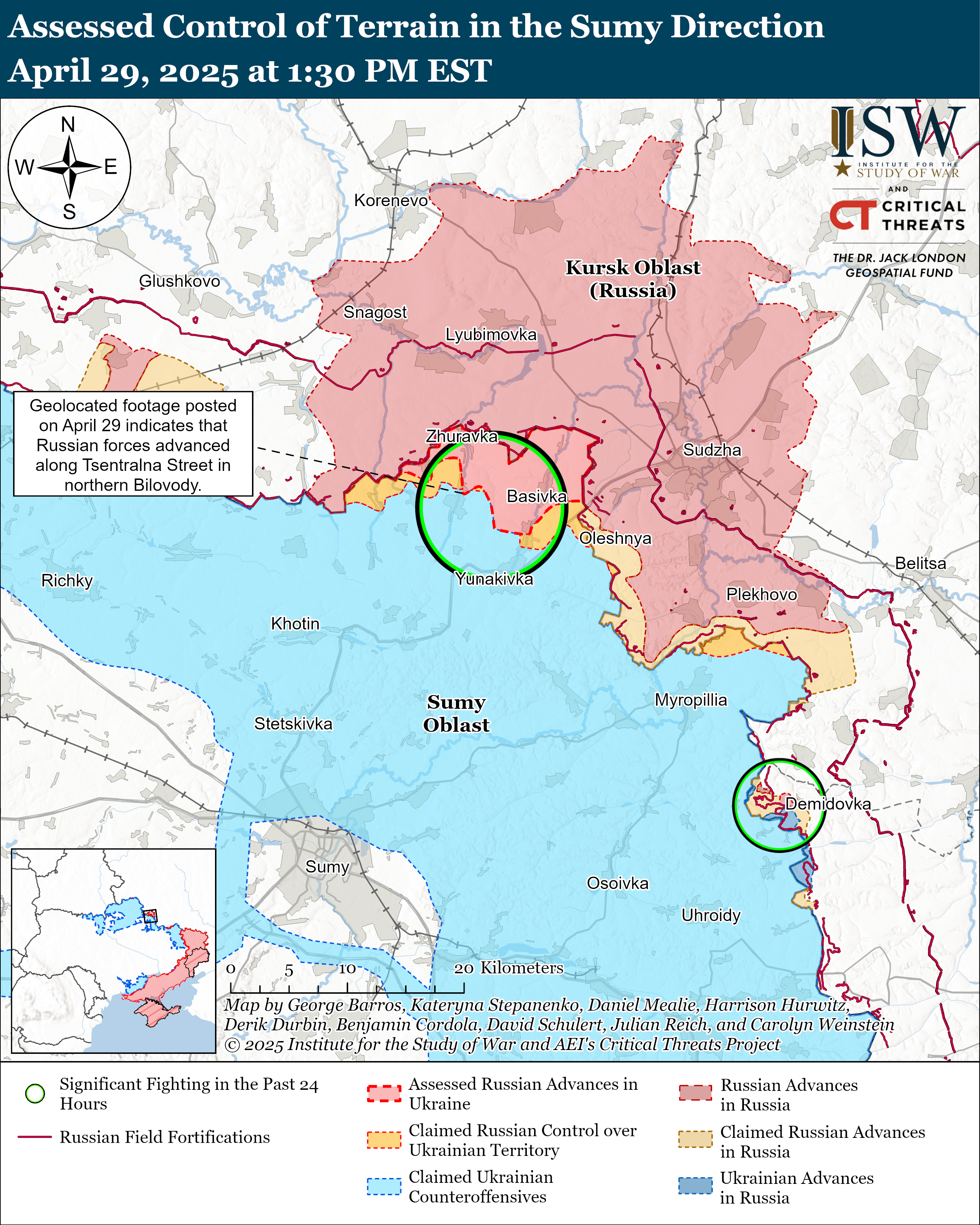 a map depicting assessed control of terrain in the sumy direction, showing russian and ukrainian advancements and control.
