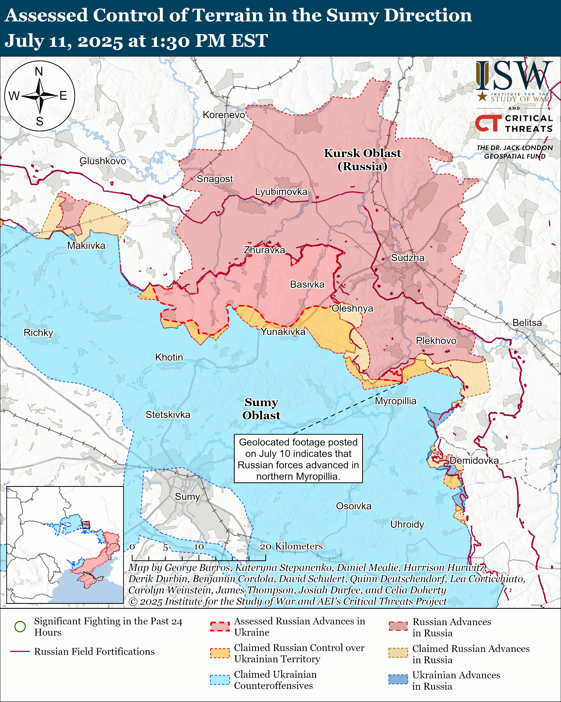 map showing territorial control and military activity in the sumy direction with specified areas of conflict and control.