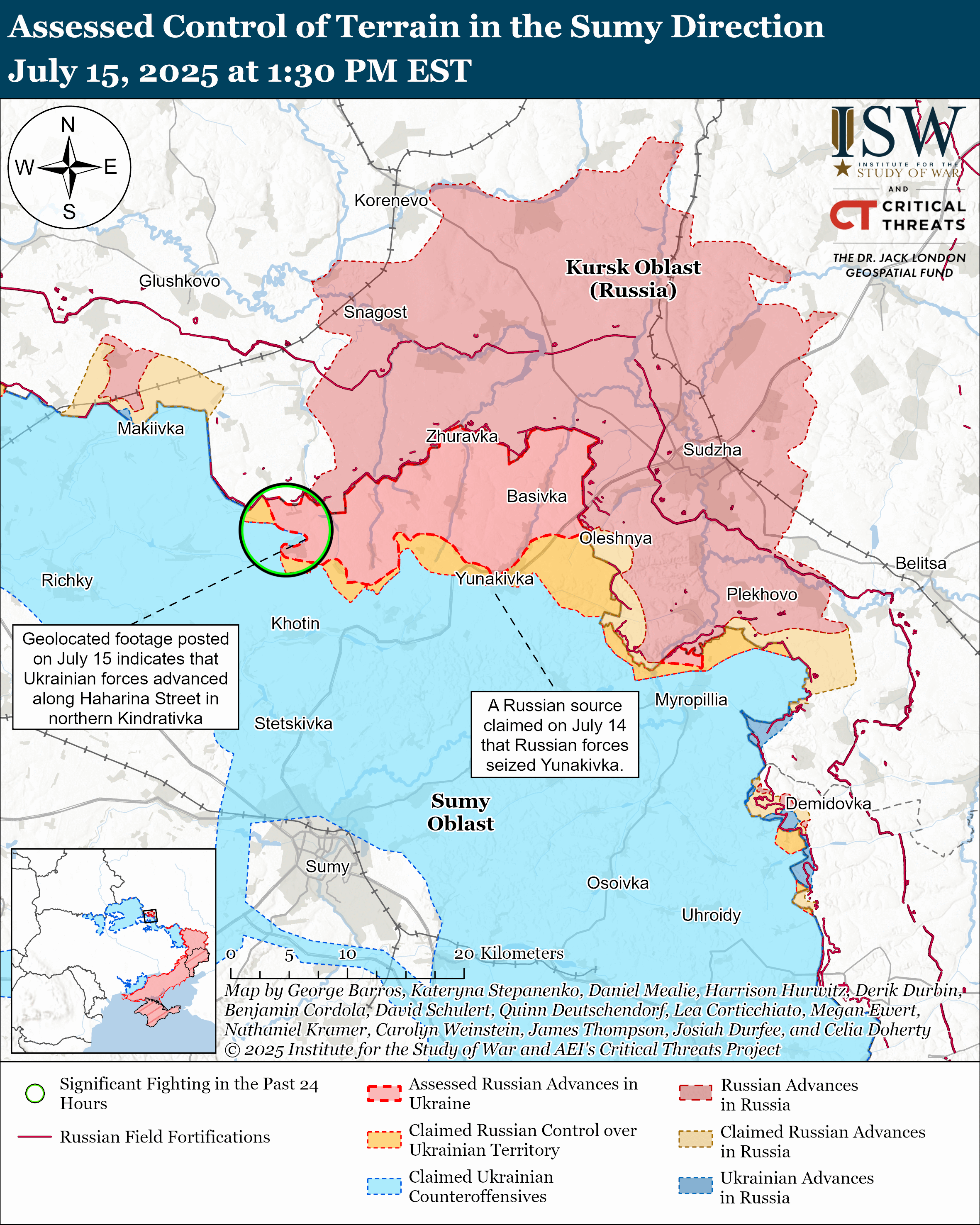 a map showing assessed control of terrain in the sumy direction, highlighting movements and control in the kursk and sumy oblasts.