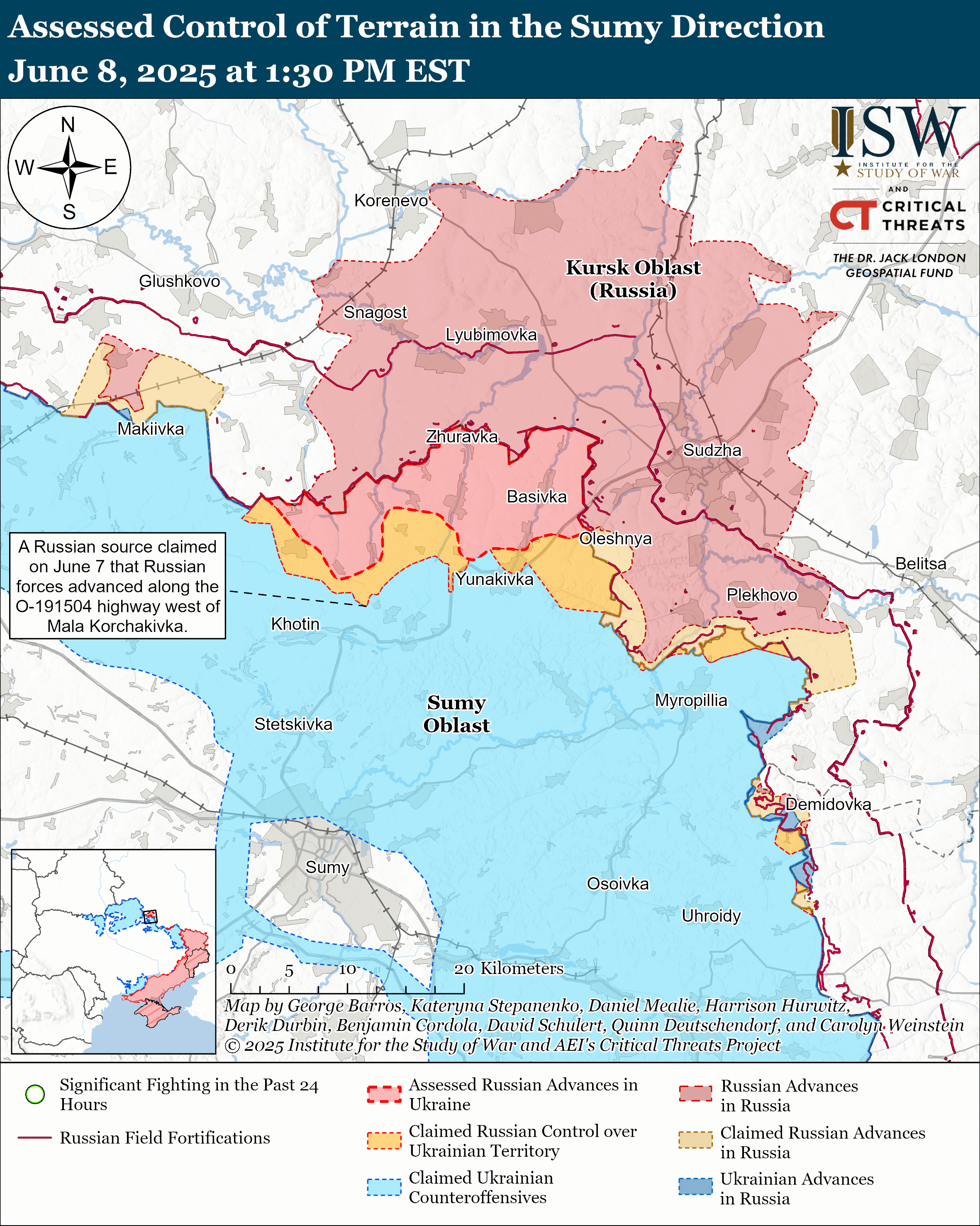 a map showing the assessed control of terrain and areas of conflict in the sumy direction as of june 8, 2025.