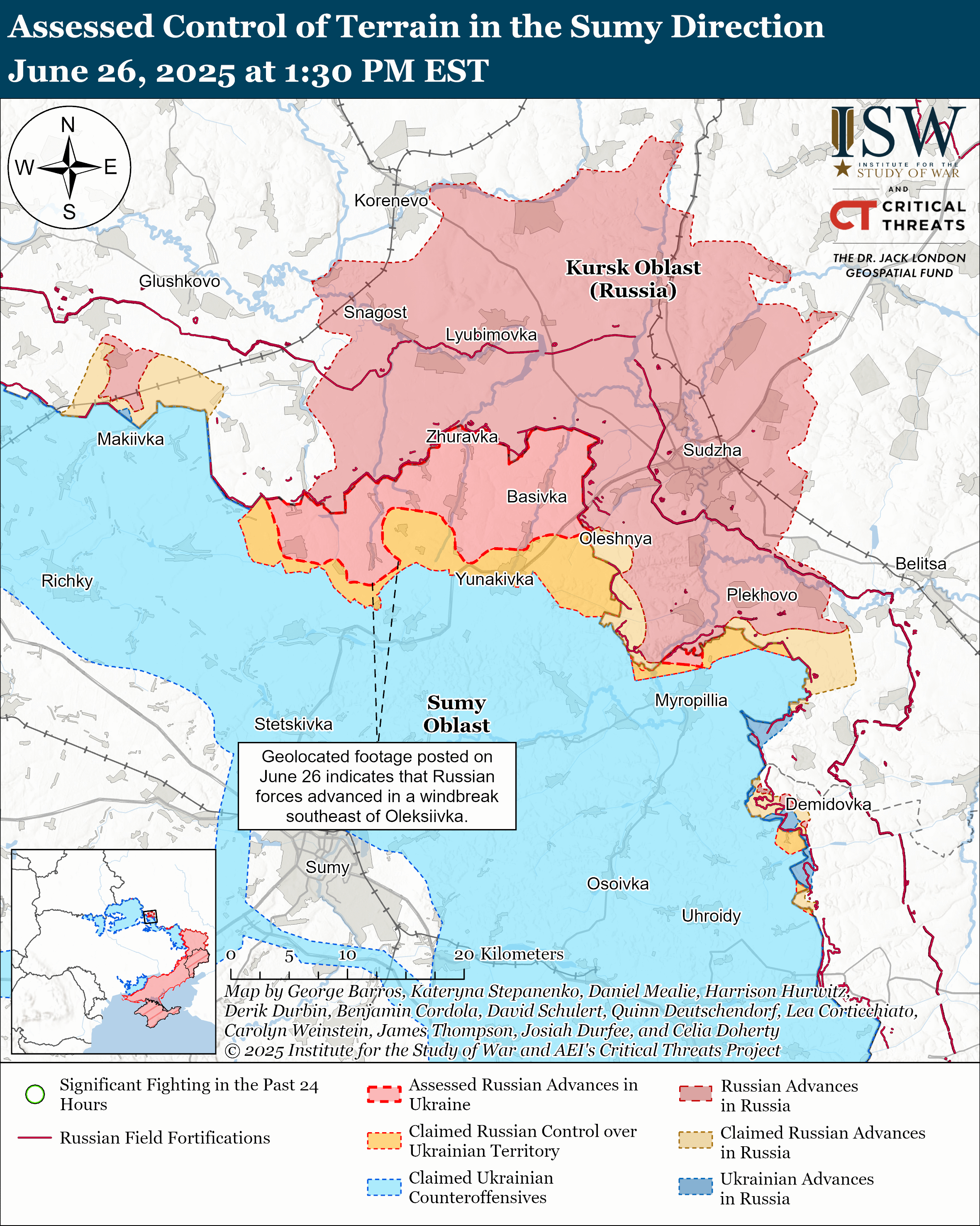 this map shows the assessed control and advances in the sumy direction, highlighting various territorial claims and movements.