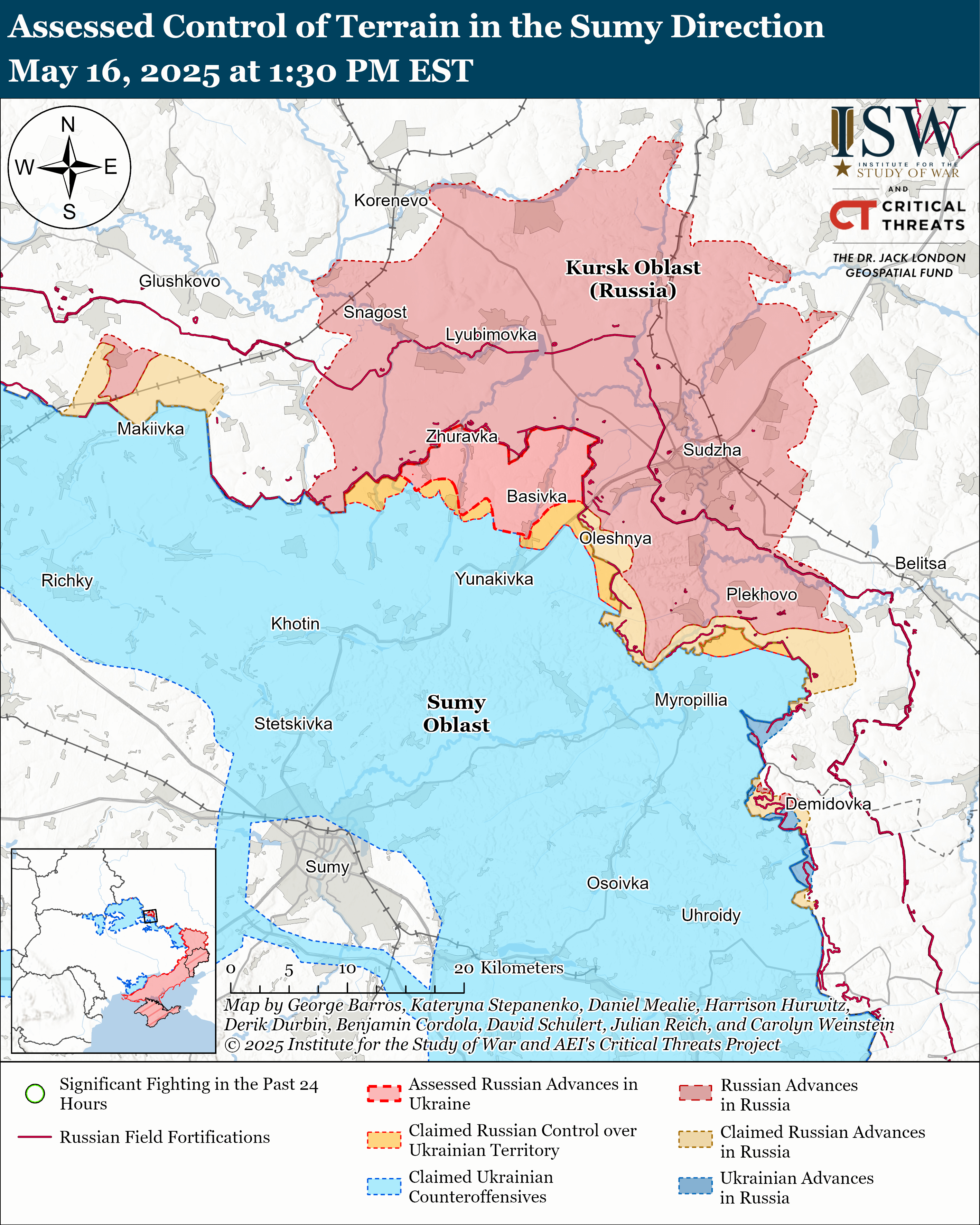 a map showing assessed control of terrain in the sumy direction, with details on russian advances and ukrainian control.