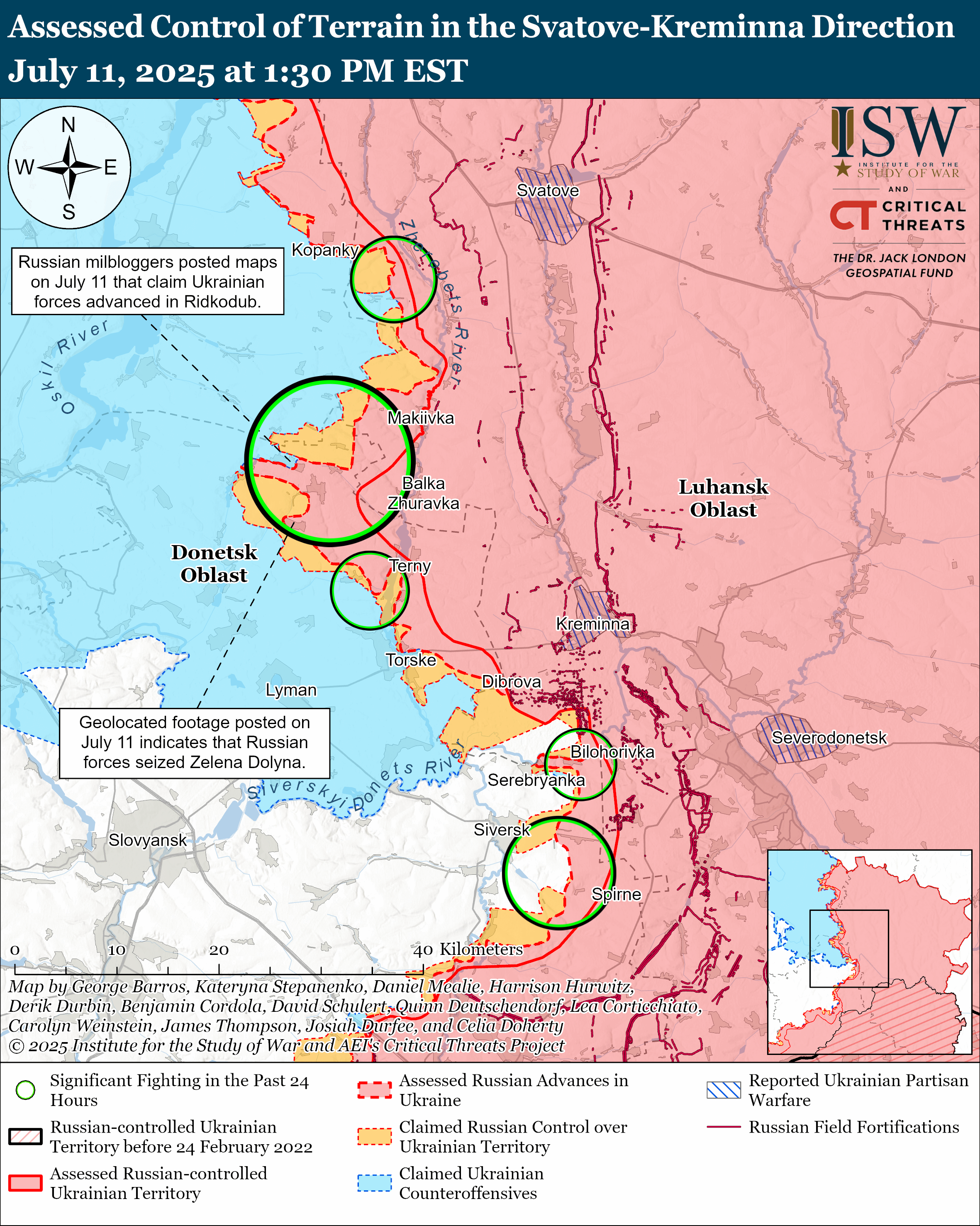 the map shows the assessed control of terrain in the svatove-kremnina direction with various military positions and actions indicated by color codes.