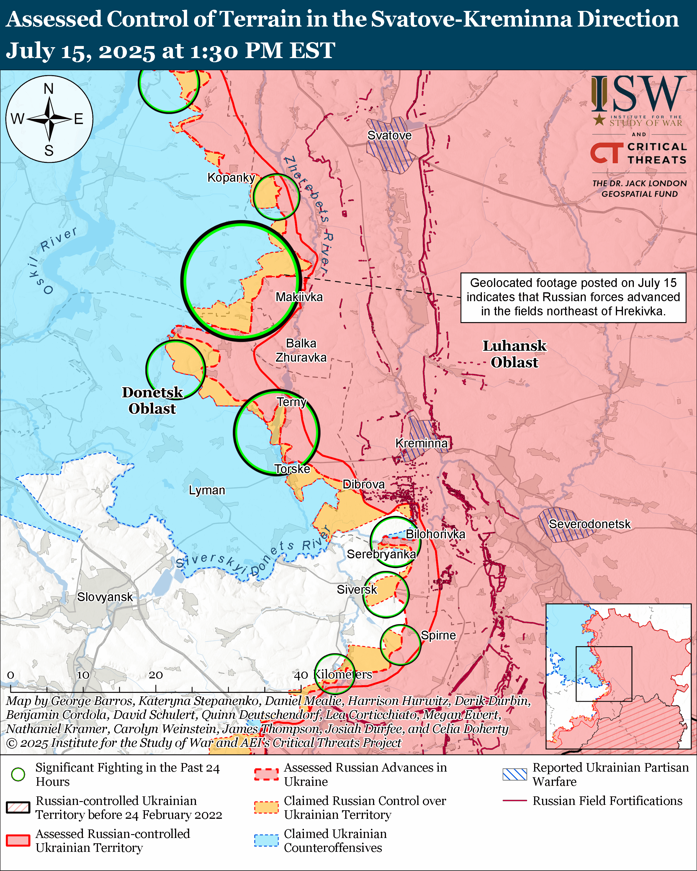 map depicting the control of terrain in the svatove-kreminna direction, highlighting various territorial controls and advances.