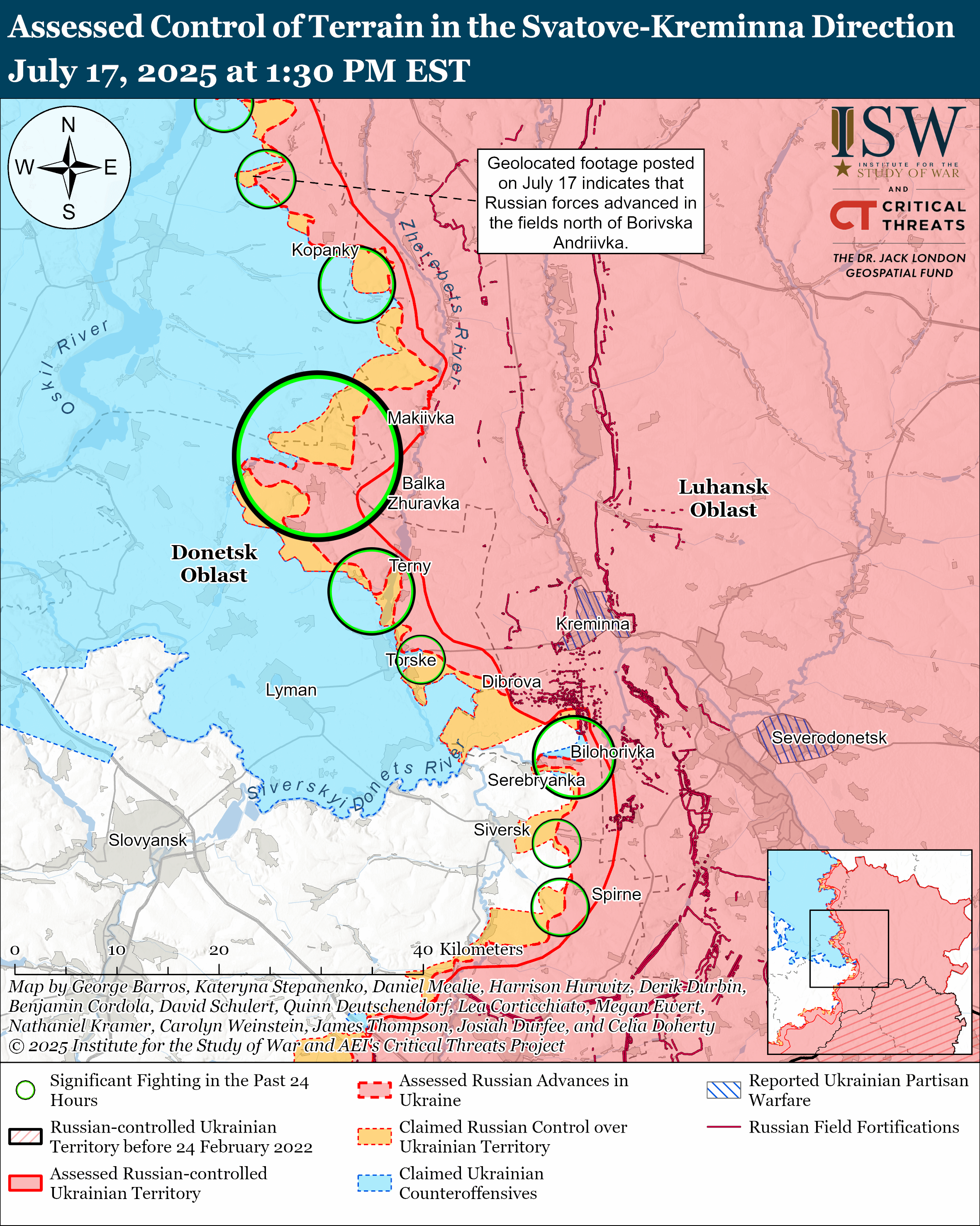 map showing control of terrain in the svatove-kremmina direction highlighting areas of significant fighting and control zones.