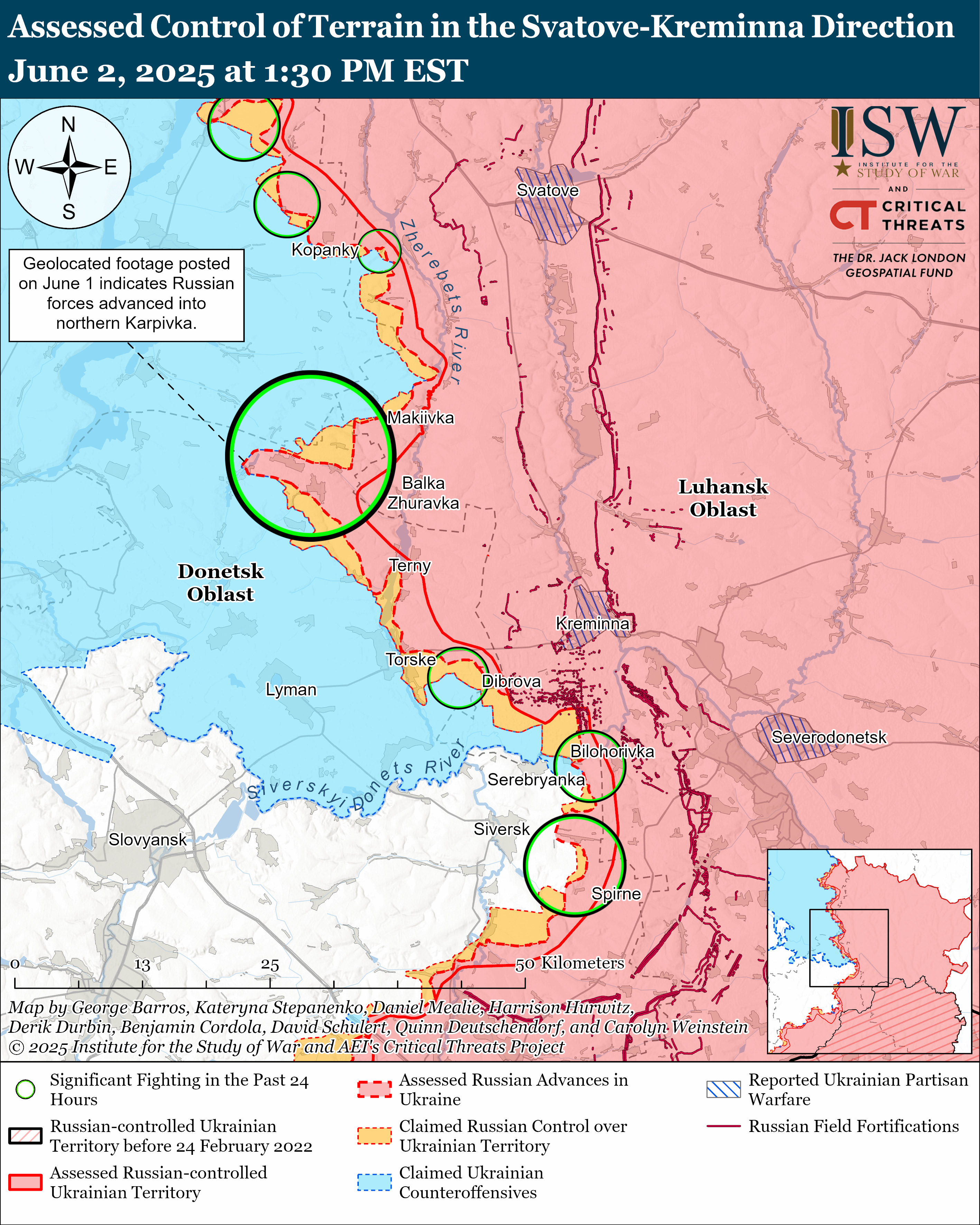 a map depicting assessed control of terrain in the svatove-kremnina direction with symbols indicating areas of control and conflict.