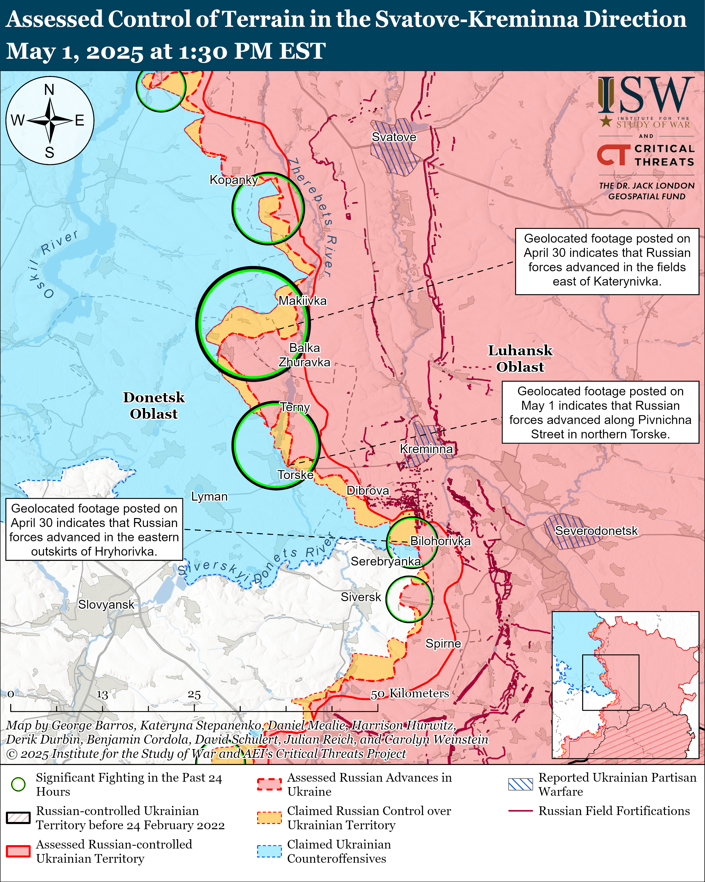 a military map showing the assessed control of terrain in the svatove-kreminna direction, highlighting russian and ukrainian territorial control and advancements.