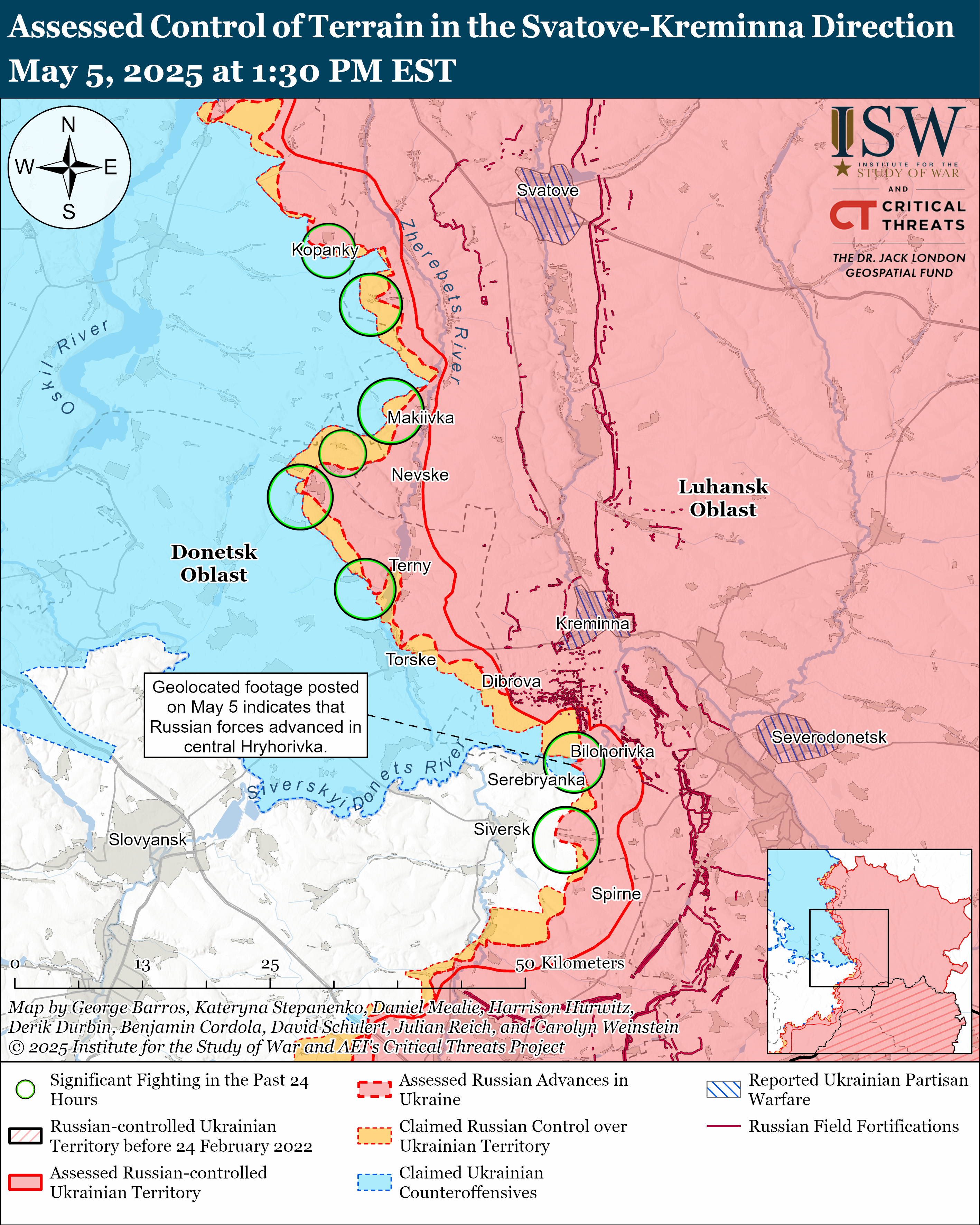 a map showing assessed control of terrain in the svatove-kreminna direction with indications of recent activities and territorial claims.