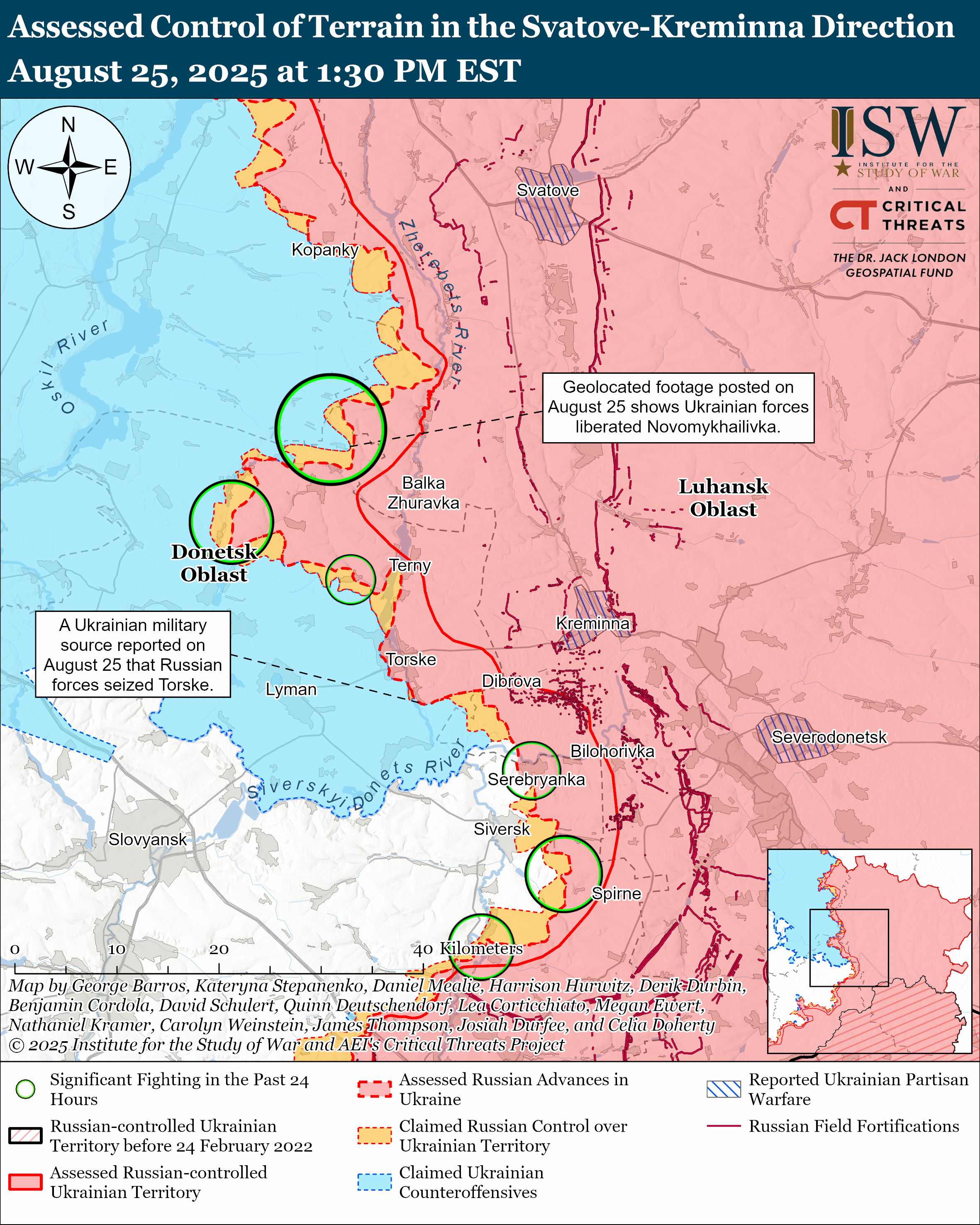 Control of terrain around Svatove-Kremina Aug. 25, 2025.