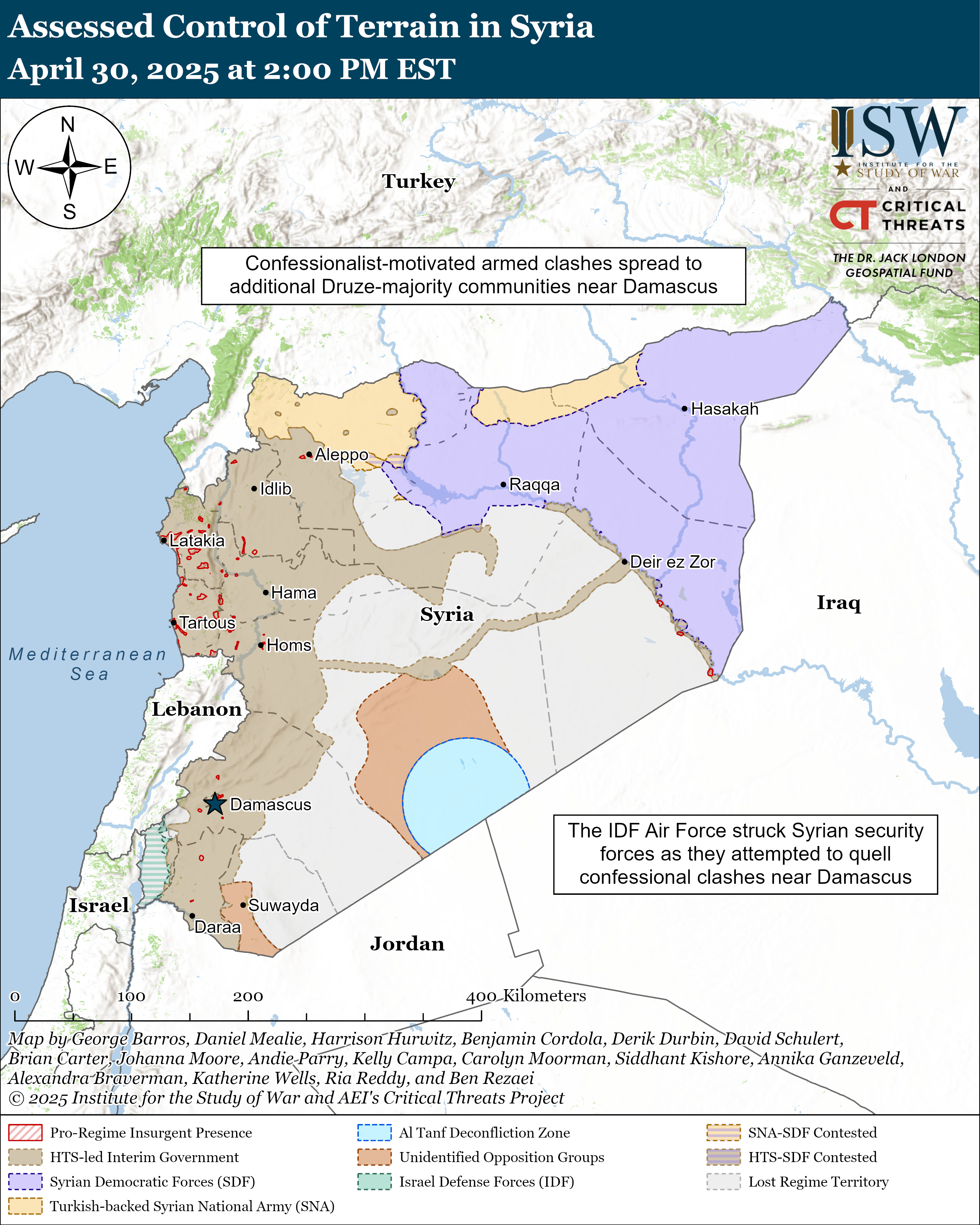 map depicting control of terrain in syria with various factions and conflicts marked.