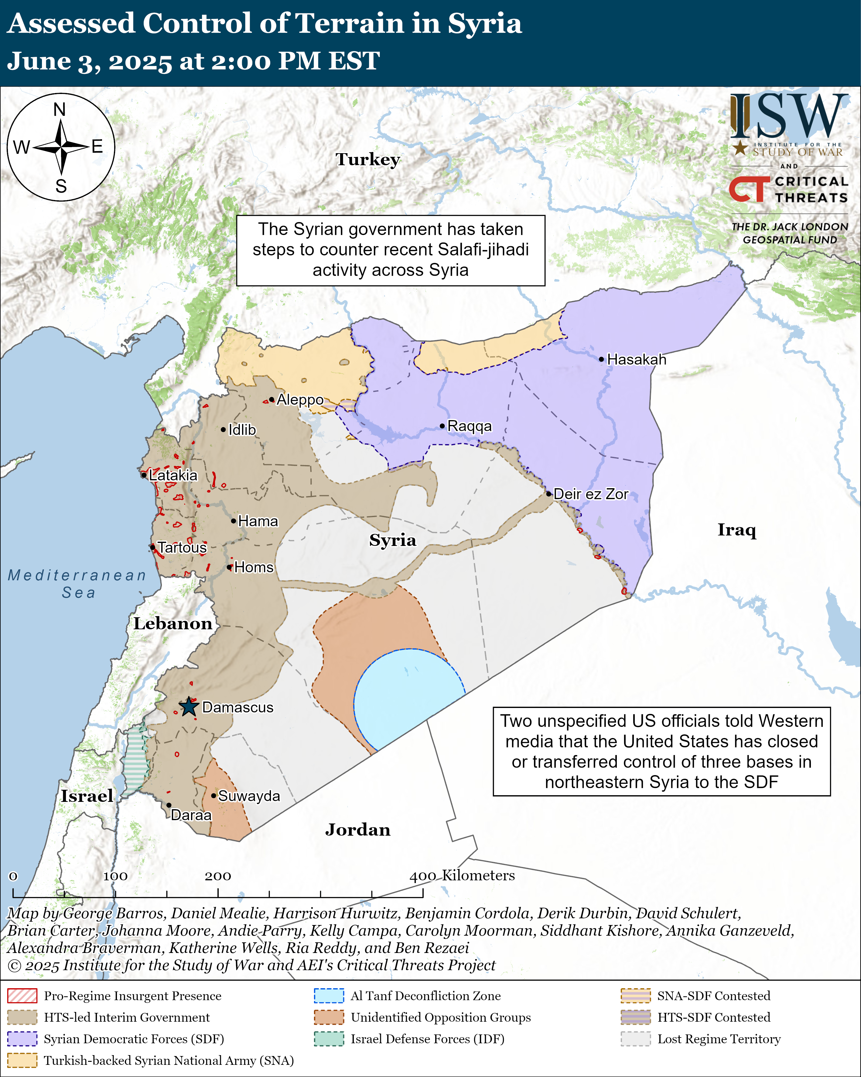 a map showing control of terrain in syria, highlighting different territories and groups.