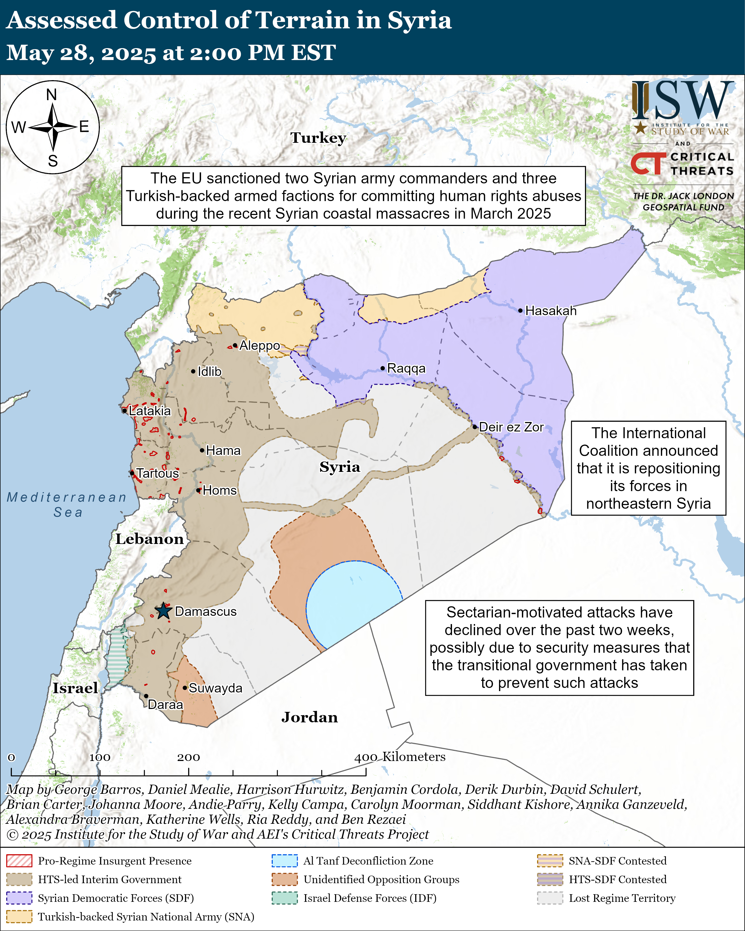 map showing the control of terrain in syria, including various factions and conflict zones.
