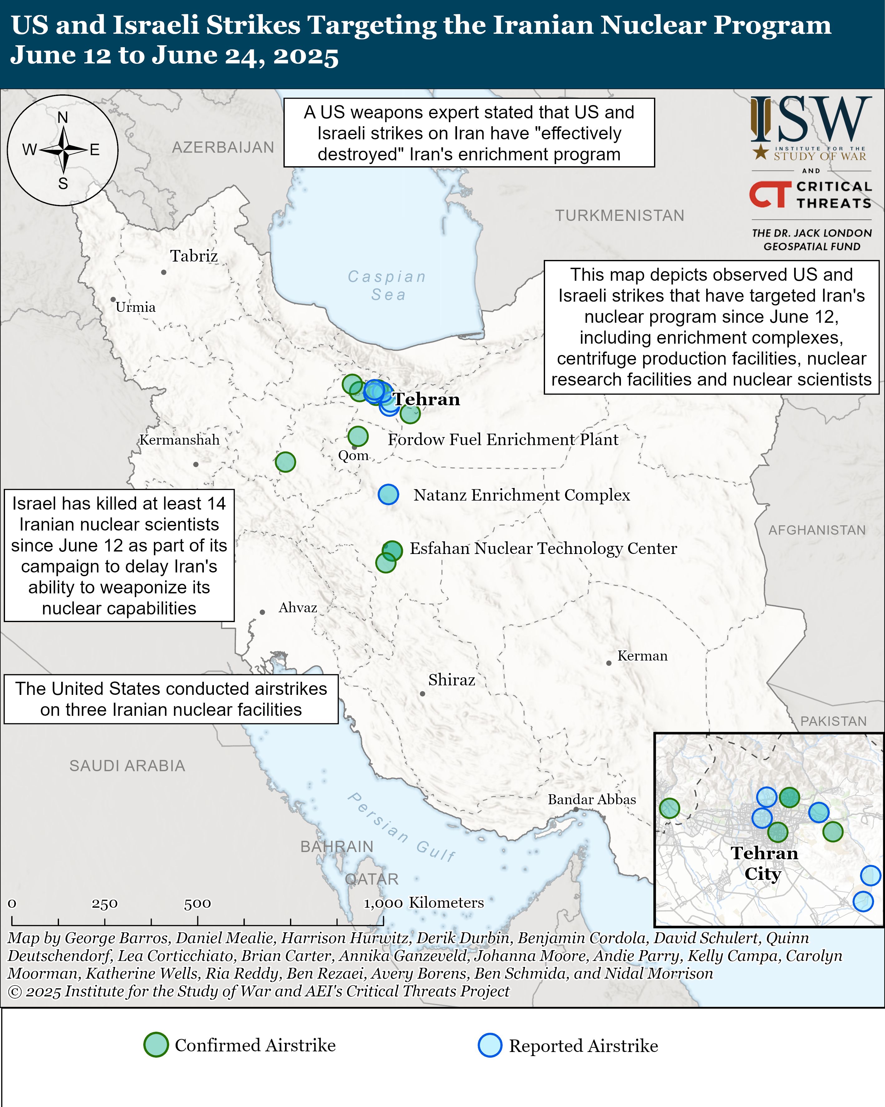 this map shows observed us and israeli strikes on iran's nuclear program sites.