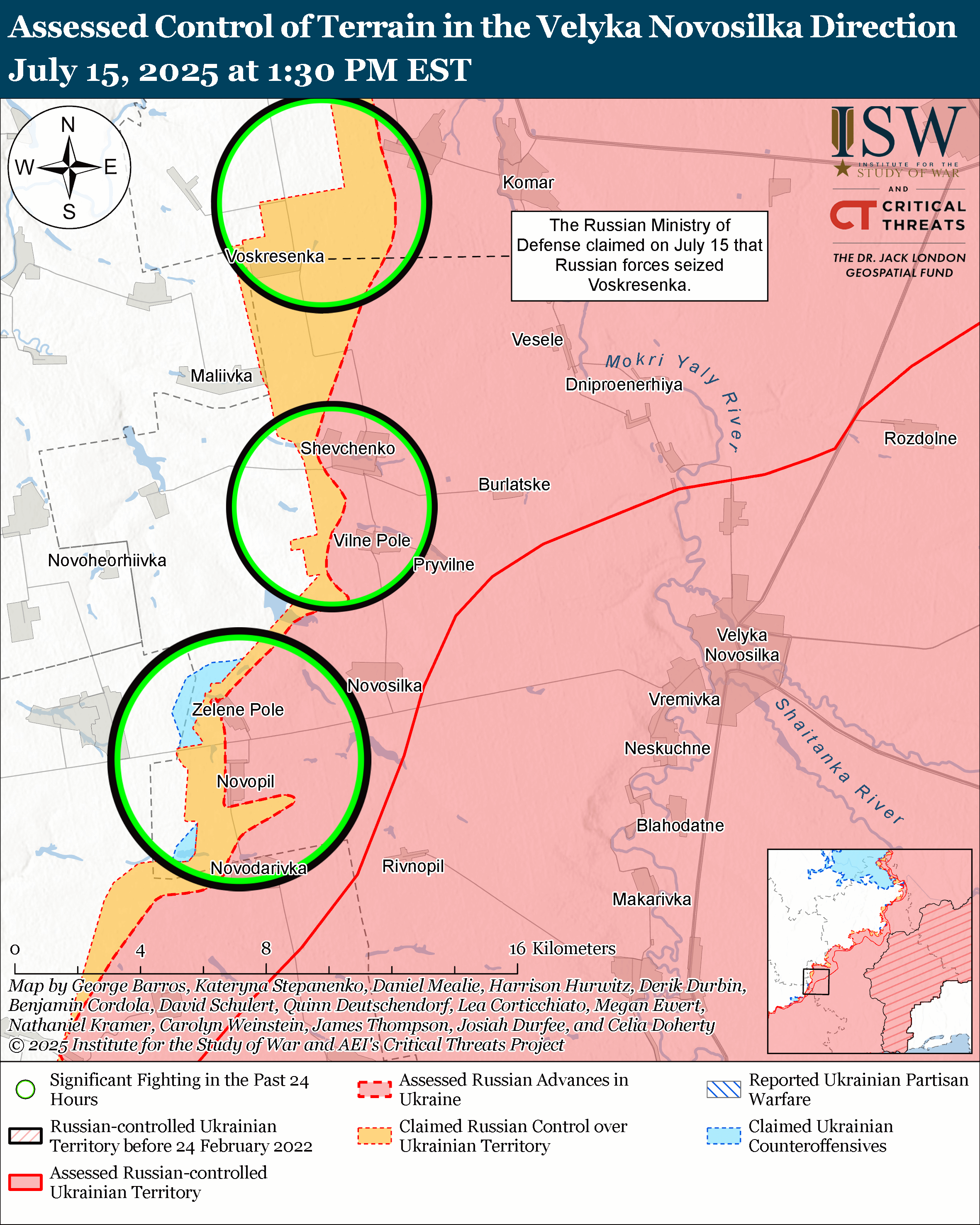 a map showing the assessed control of terrain in the velyka novosilka direction with marked areas of control and conflict.