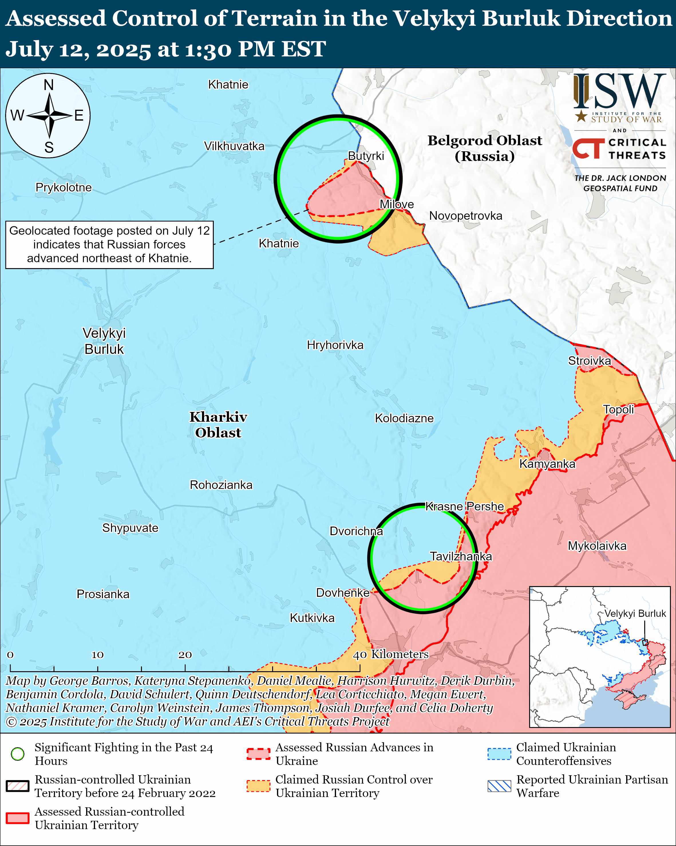 map showing assessed control and significant fighting in the velykyi burluk direction.