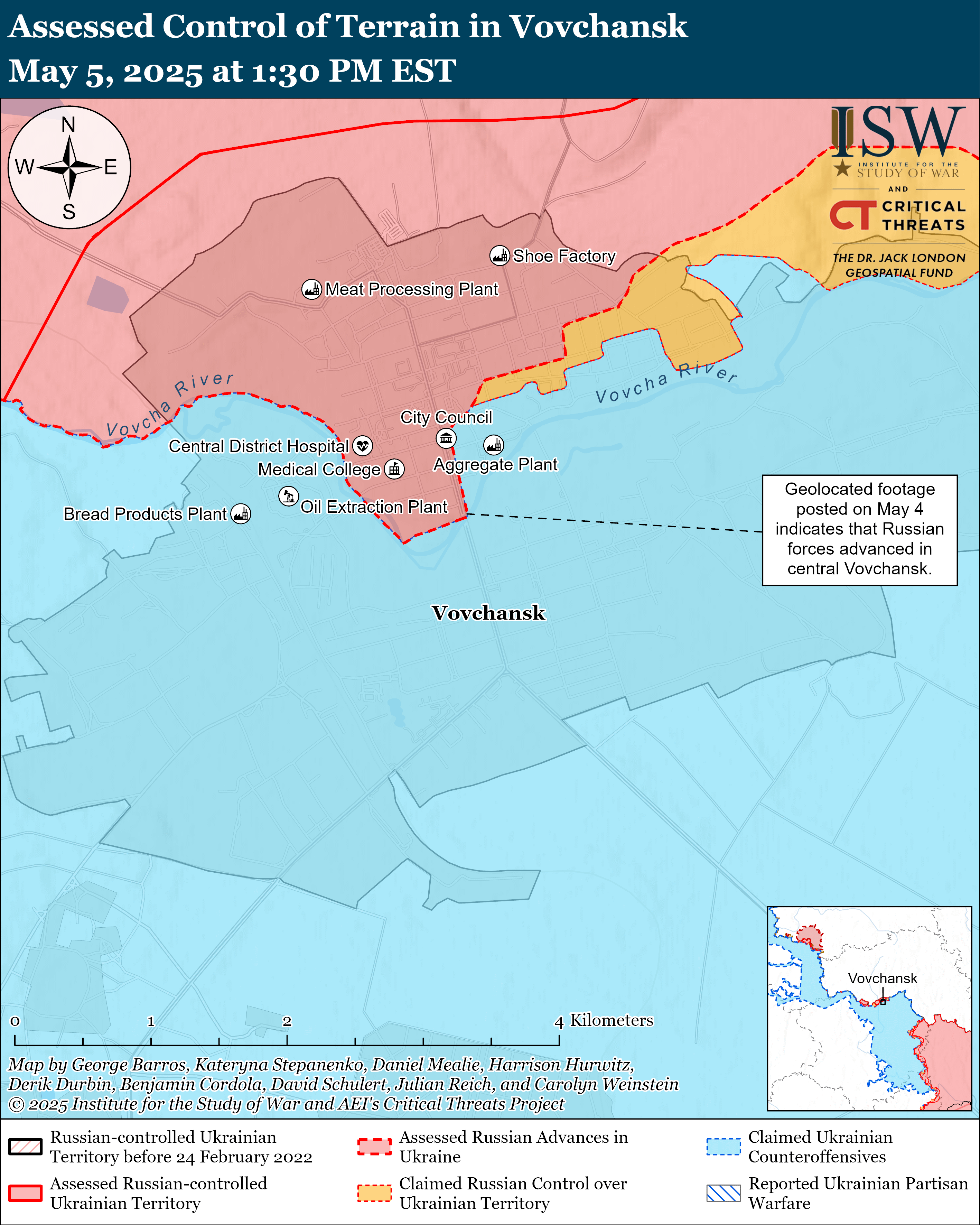 a map showing the assessed control of terrain in vovchansk with various zones marked by different colors indicating control by russian and ukrainian forces.