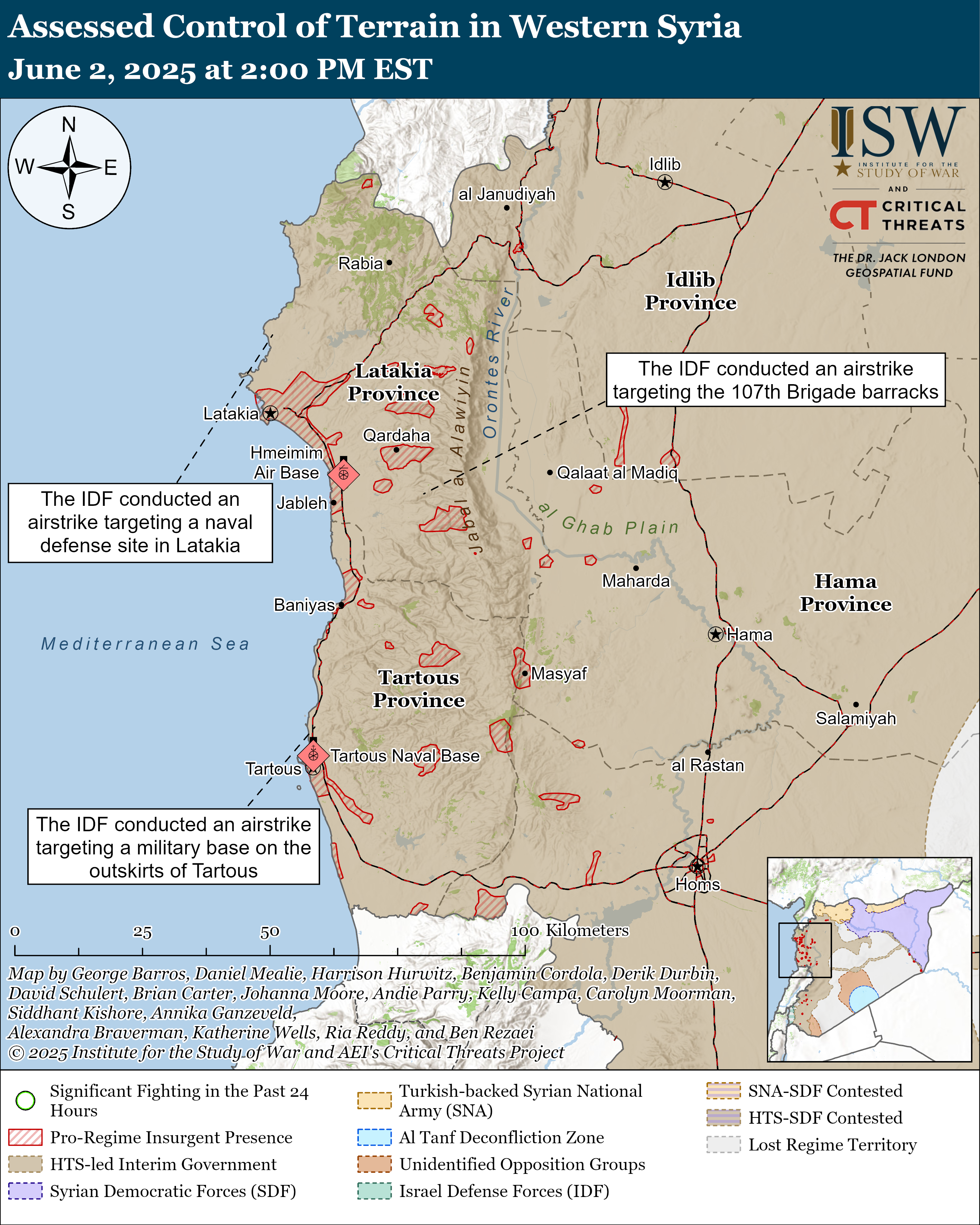 a map showing control of terrain in western syria and details of idf airstrikes.