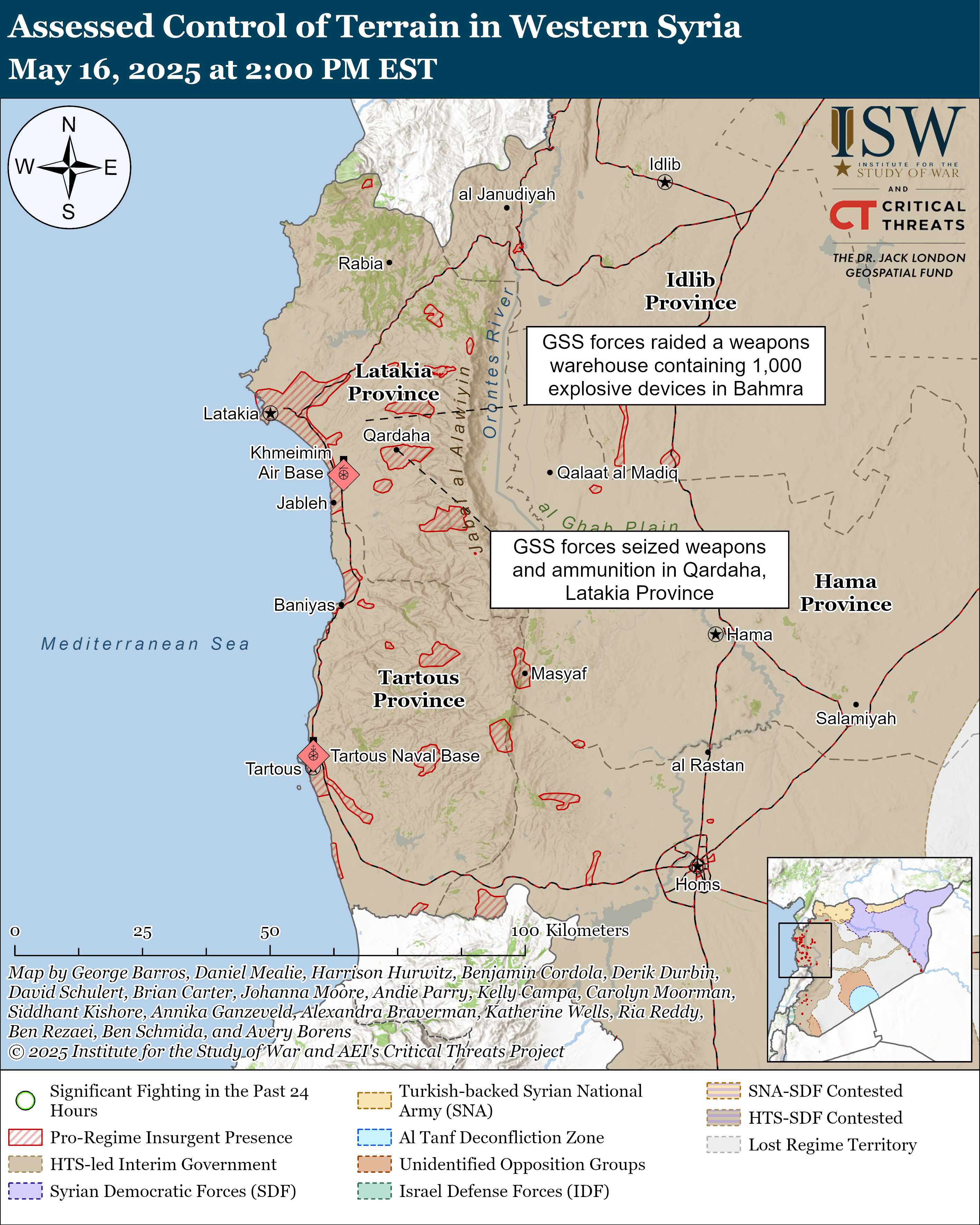 a map showing territorial control and significant events in western syria, including conflict zones and military activities.