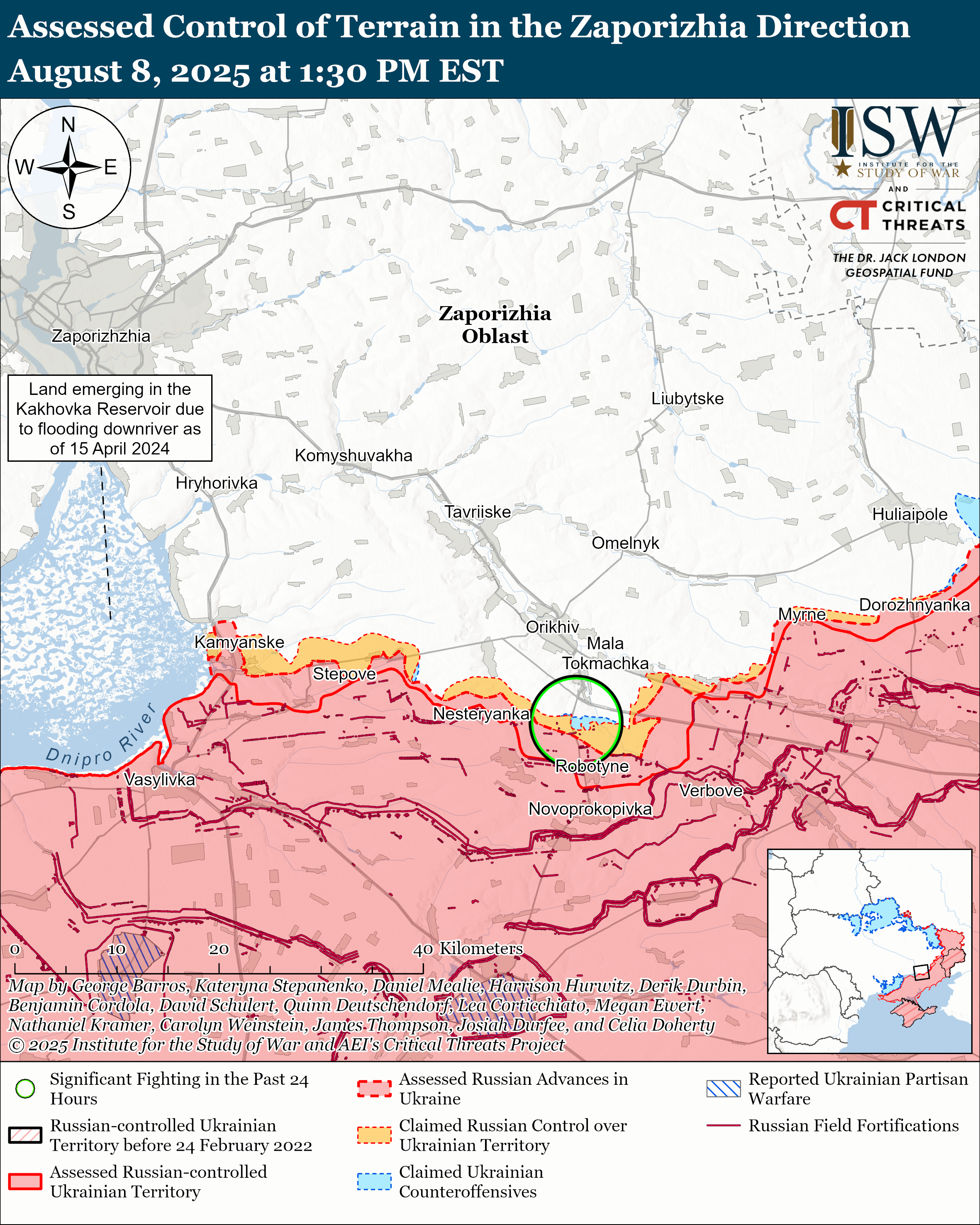 map showing assessed control of terrain in the zaporizhia region with details on territorial control and advancements.