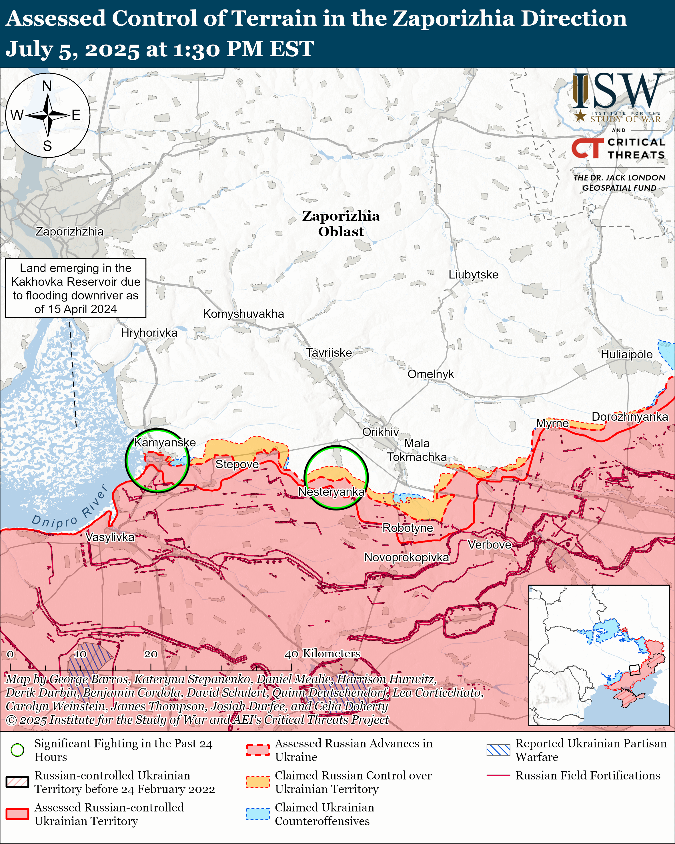 map showing assessed control of terrain in the zaporizhia direction with various territorial claims and conflicts marked.