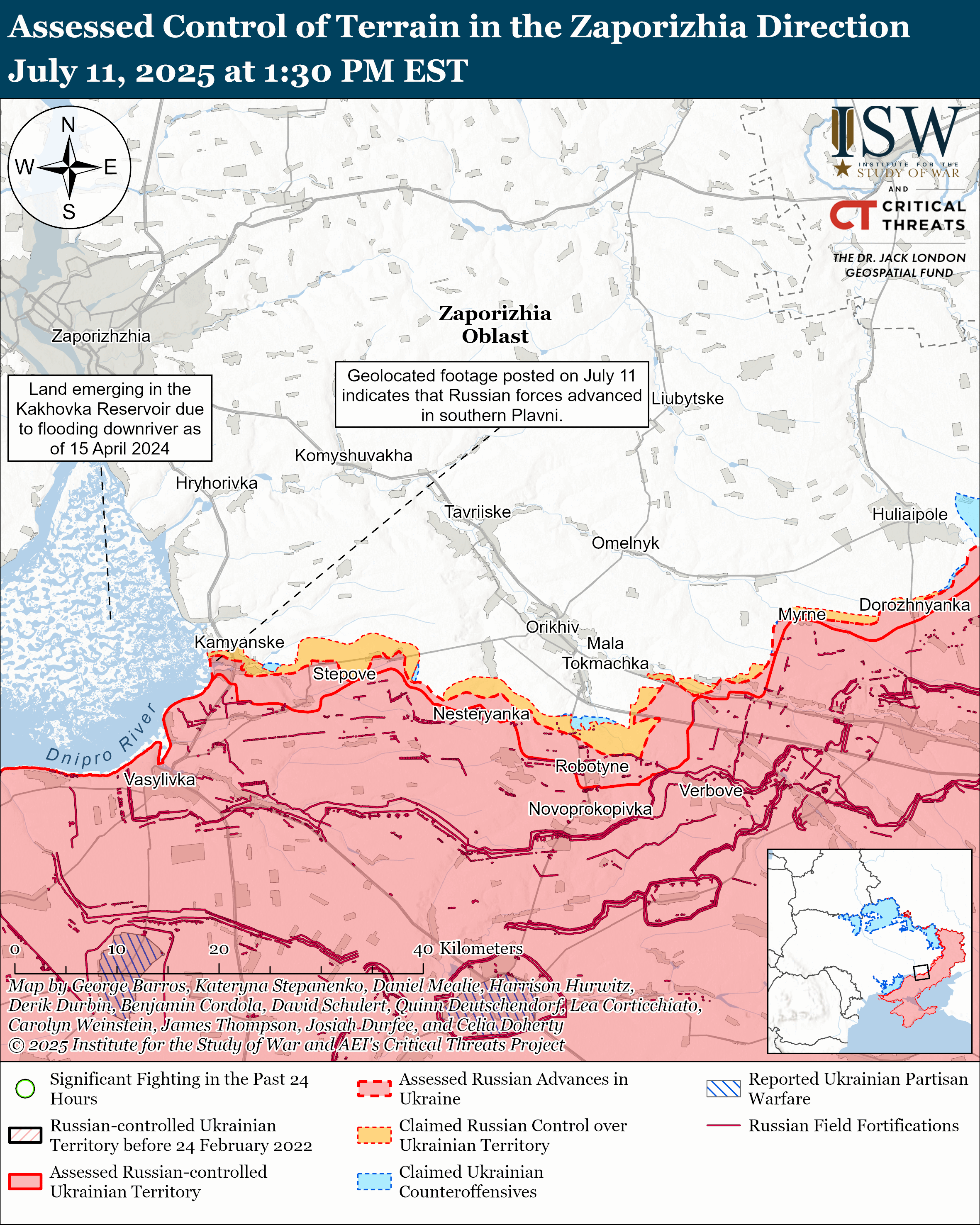 map depicting the territorial control and military activities in the zaporizhia region with indications of russian advances and ukrainian counteroffensives.