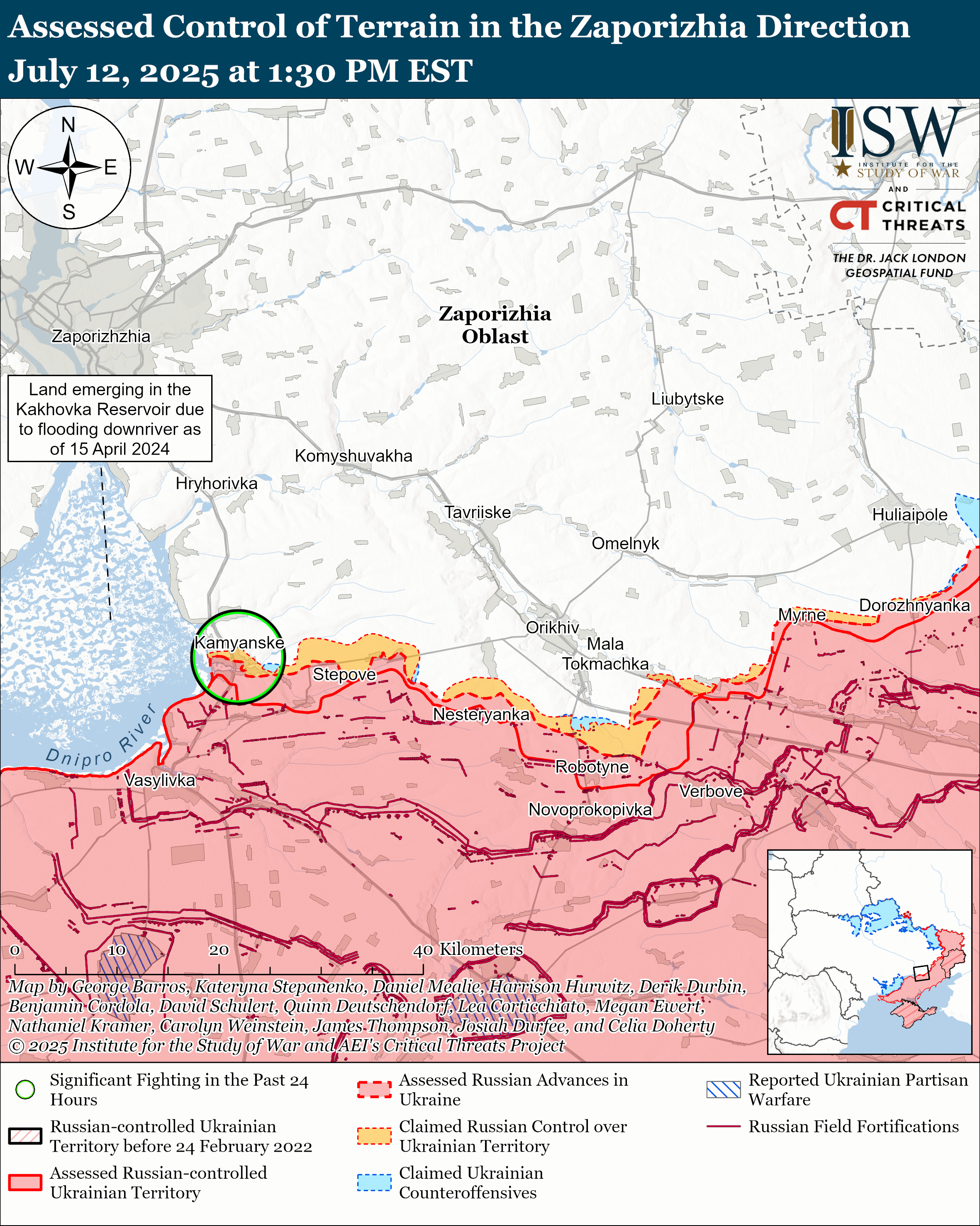 a map showing the assessed control of terrain in the zaporizhia direction, including significant fighting areas and territorial advances.