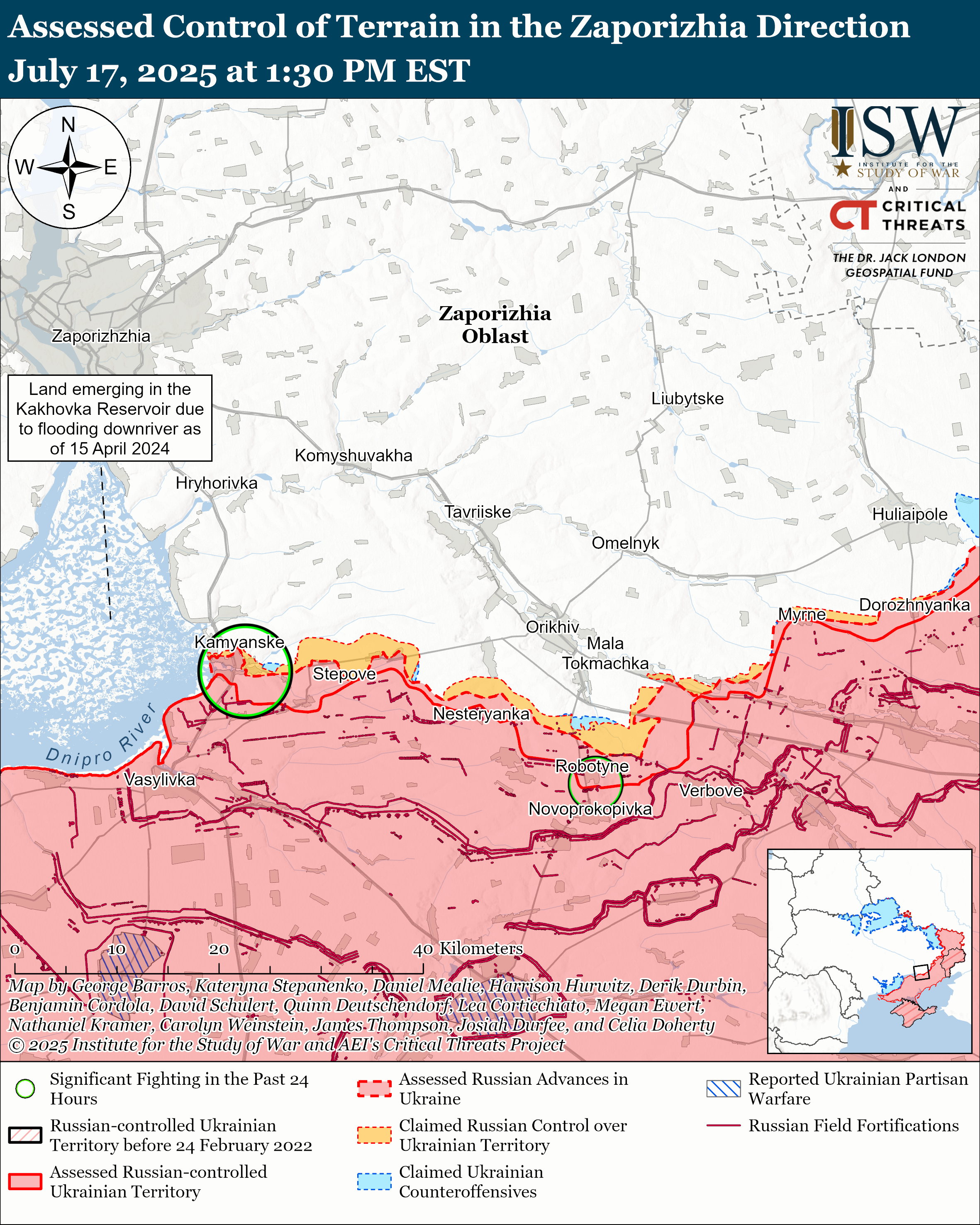 this map shows the control of terrain in the zaporizhia region, including areas of significant fighting and shifts in territory control.