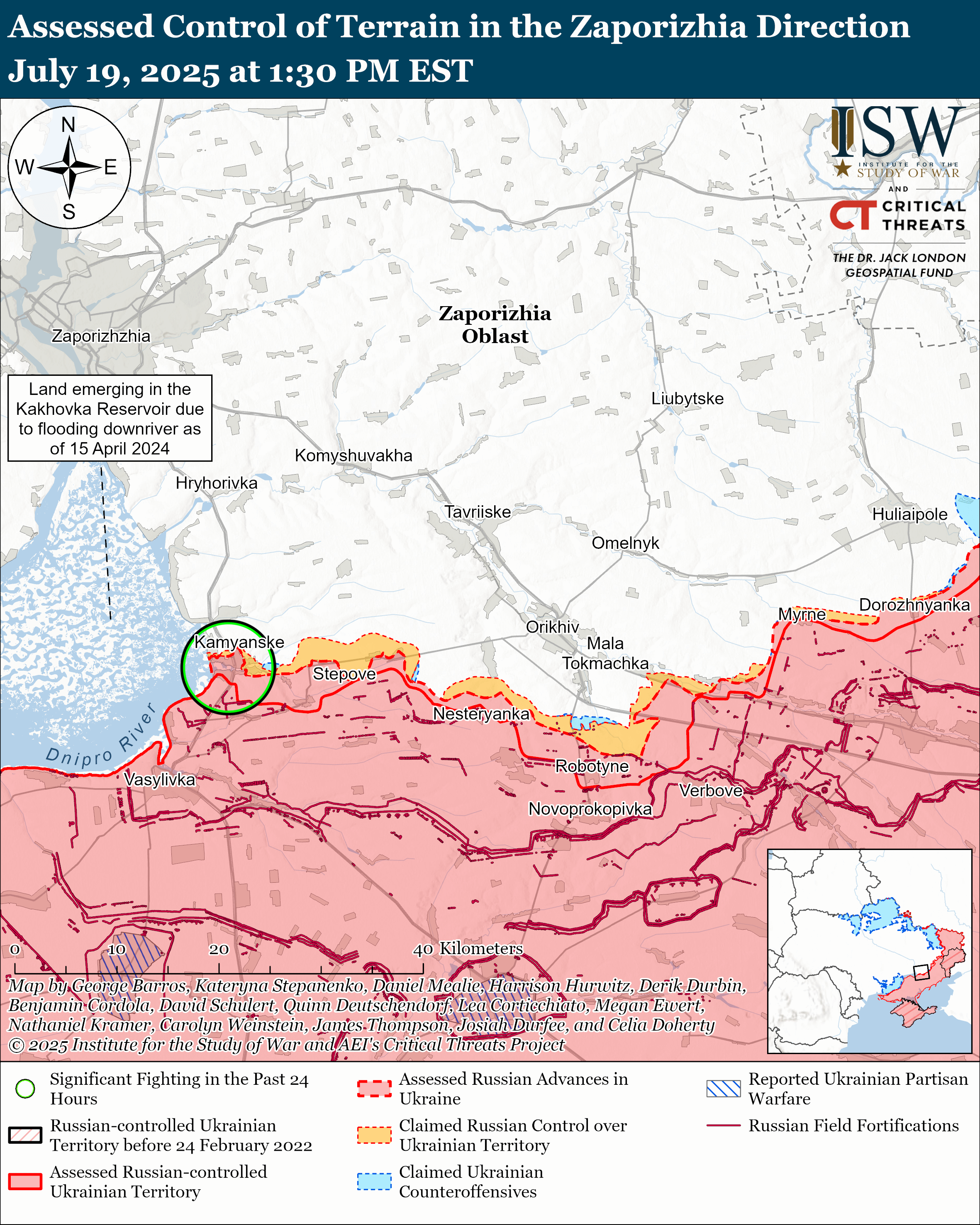 map showing control of terrain in the zaporizhia direction, including areas of significant fighting and control by russian and ukrainian forces.