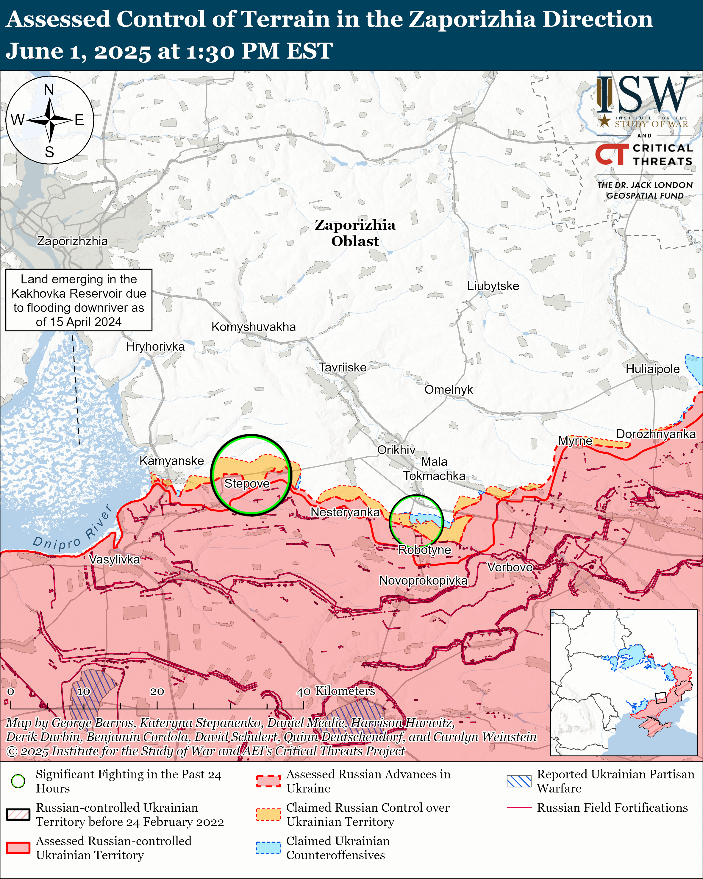 a map describing assessed control of terrain in the zaporizhia direction.