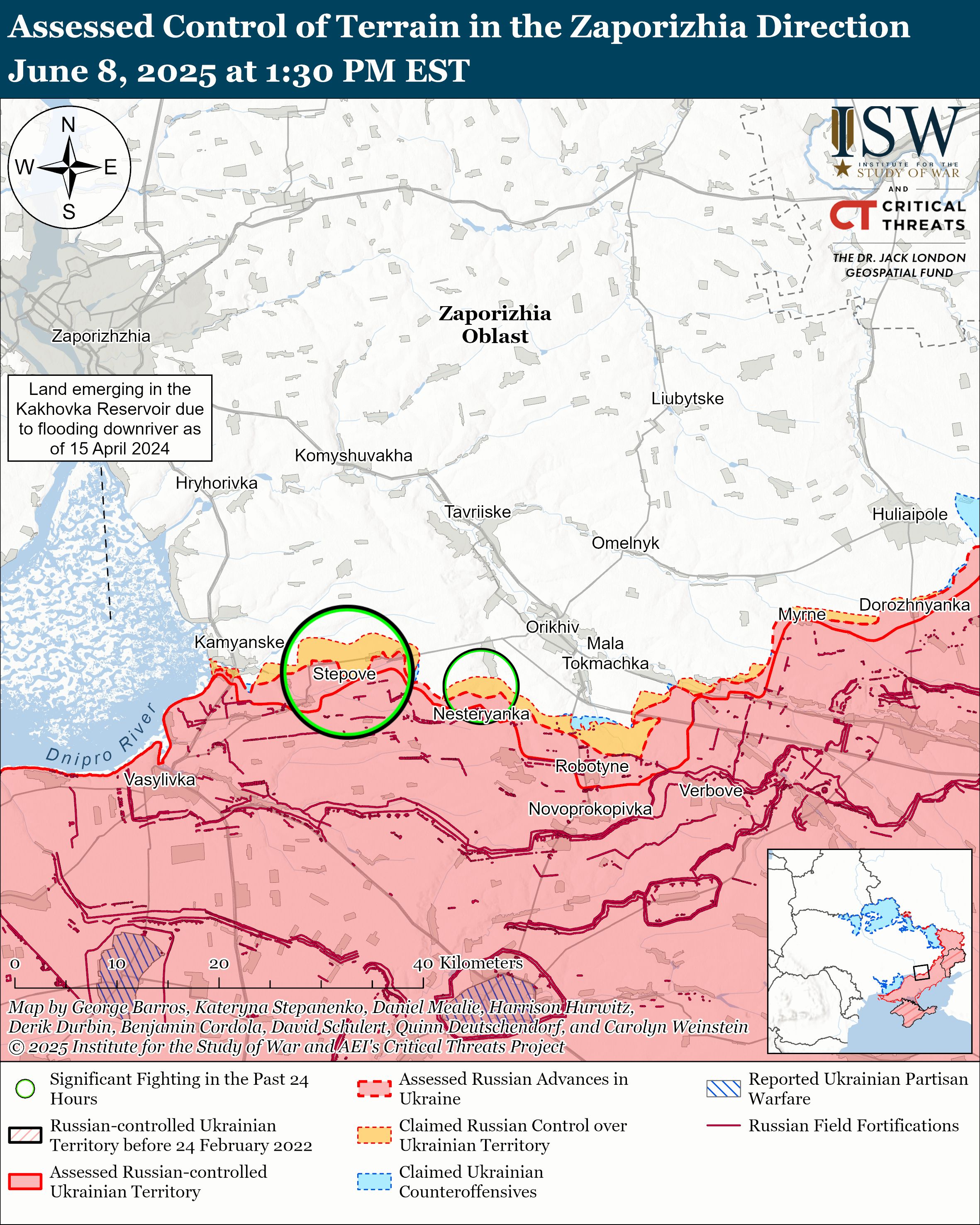a map showing the assessed control of terrain in the zaporizhia direction with areas of russian and ukrainian control and advances.