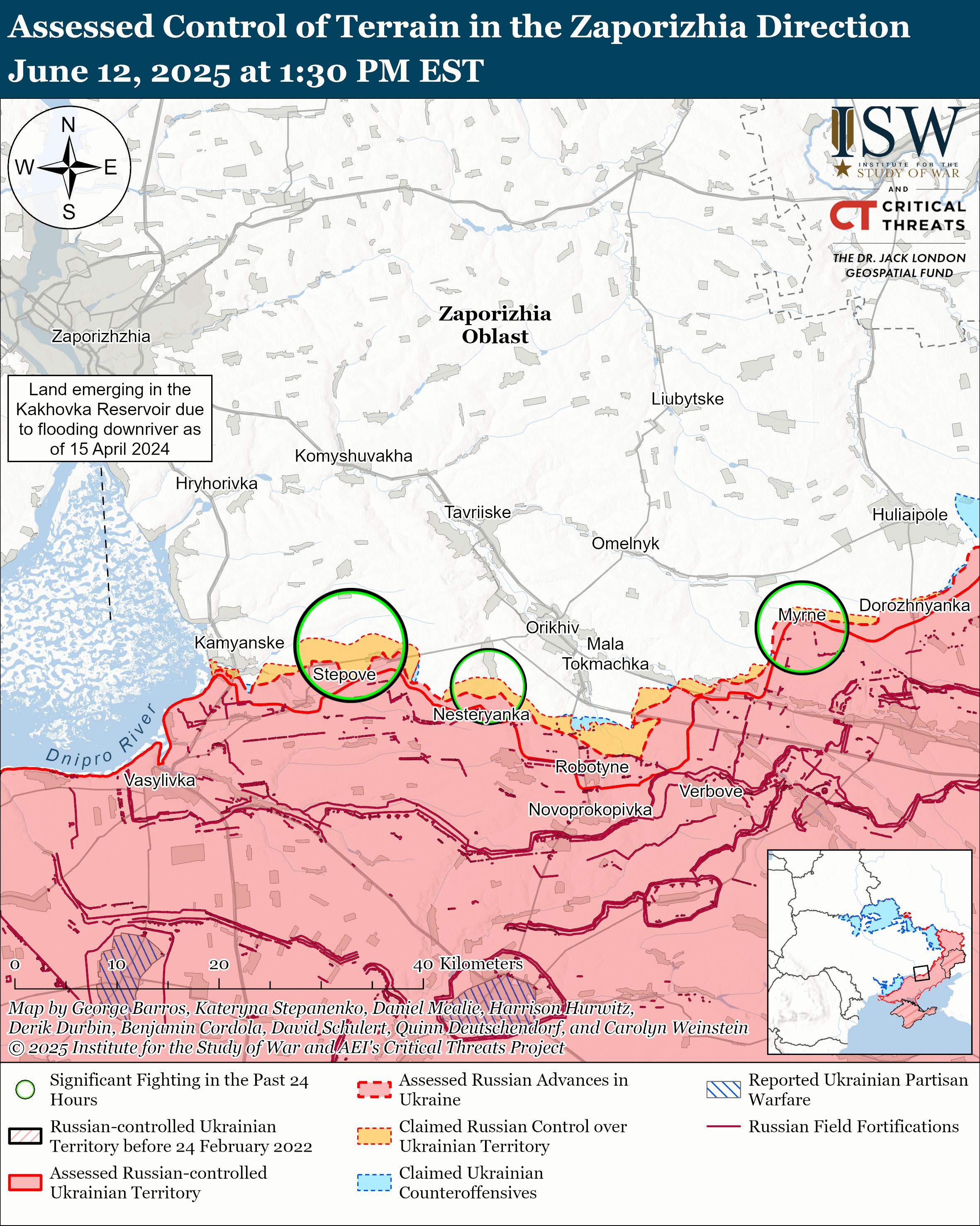 map showing control of terrain in the zaporizhia direction with various territories marked and labeled.