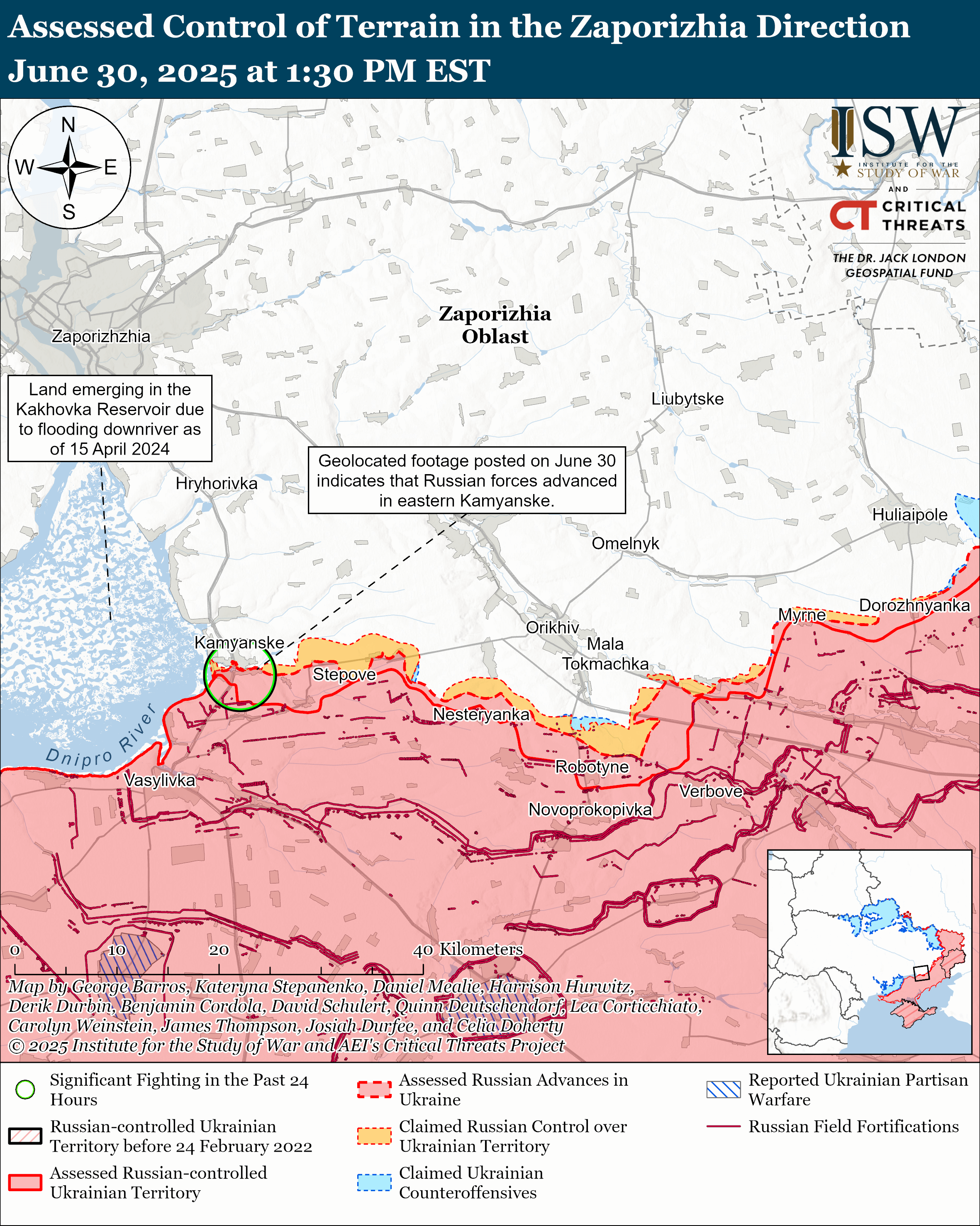 a map depicting assessed control of terrain in the zaporizhia direction with geospatial data and territorial markings.